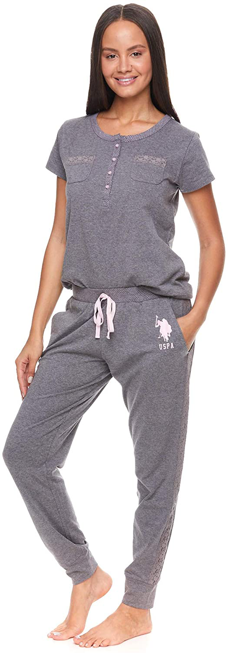U.S. Polo Assn. Womens Pajama Set with Pockets - Short Sleeve Shirt and Pajama Pants Pj Set Apparel & Accessories > Clothing > Sleepwear & Loungewear > Pajamas U.S. Polo Assn. Charcoal Heather Small
