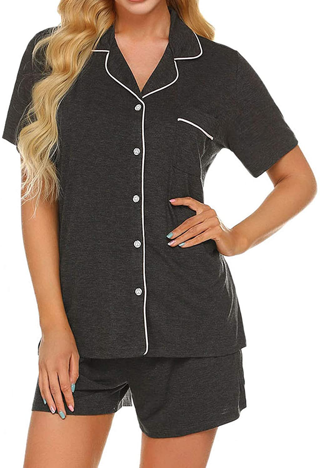 Ekouaer Pajamas Set Short Sleeve Sleepwear Womens Button Down Nightwear Soft Pj Lounge Sets XS-XXL Apparel & Accessories > Clothing > Sleepwear & Loungewear > Pajamas Ekouaer Deep Flower Gray X-Large