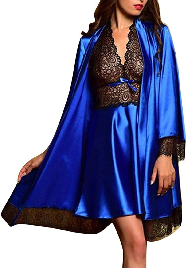 Women Satin Sleepwear Kimono Robe Sexy Lace Bodysuit Babydoll Lingerie Nightdress Pajamas Set Apparel & Accessories > Clothing > Underwear & Socks > Lingerie MOOKO Blue Medium