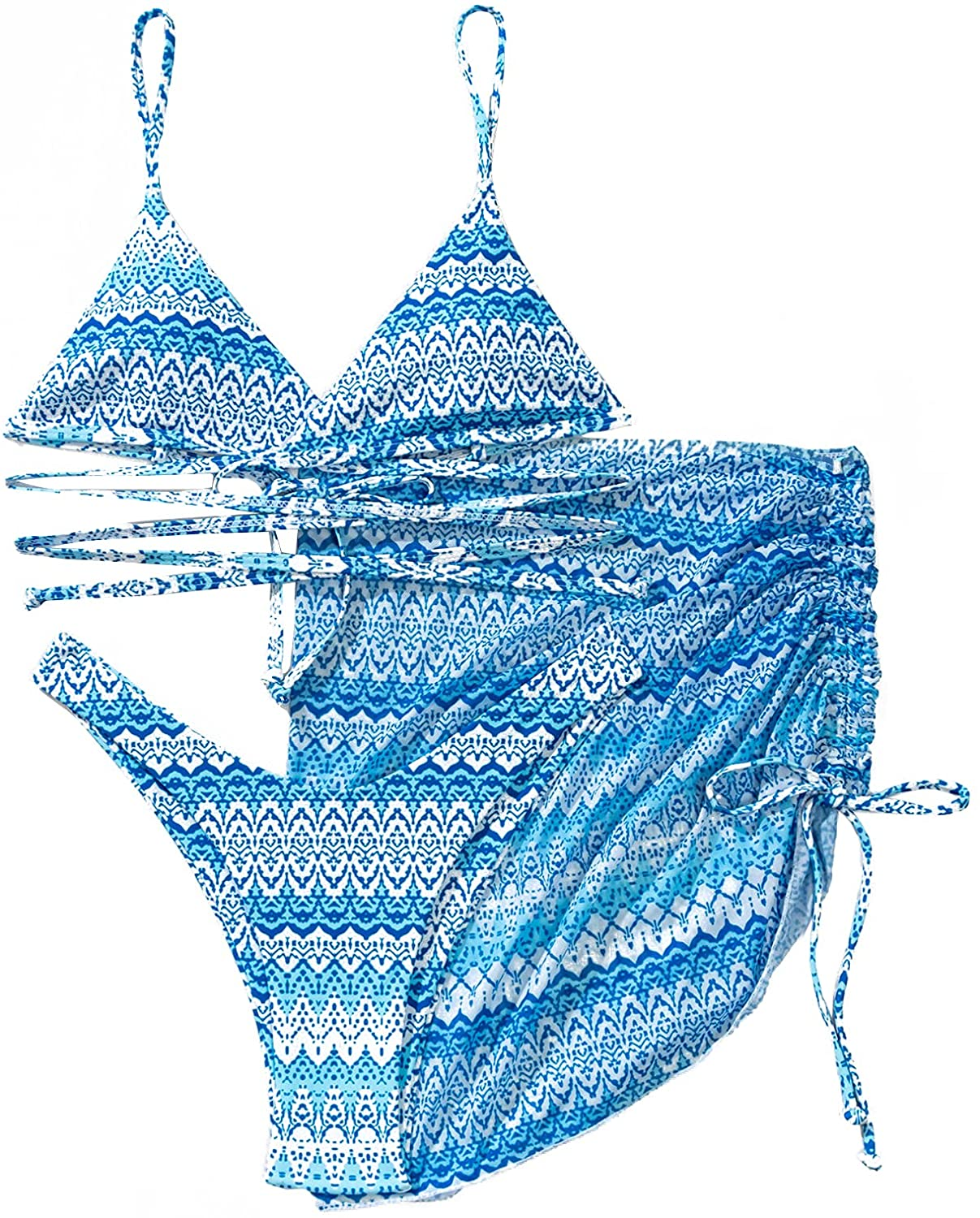 SOLY HUX Women'S Tie Dye Wrap Bikini Bathing Suits with Mesh Beach Skirt 3 Piece Swimsuits Apparel & Accessories > Clothing > Underwear & Socks > Lingerie KYLIE MAX Allover Printed Blue Small