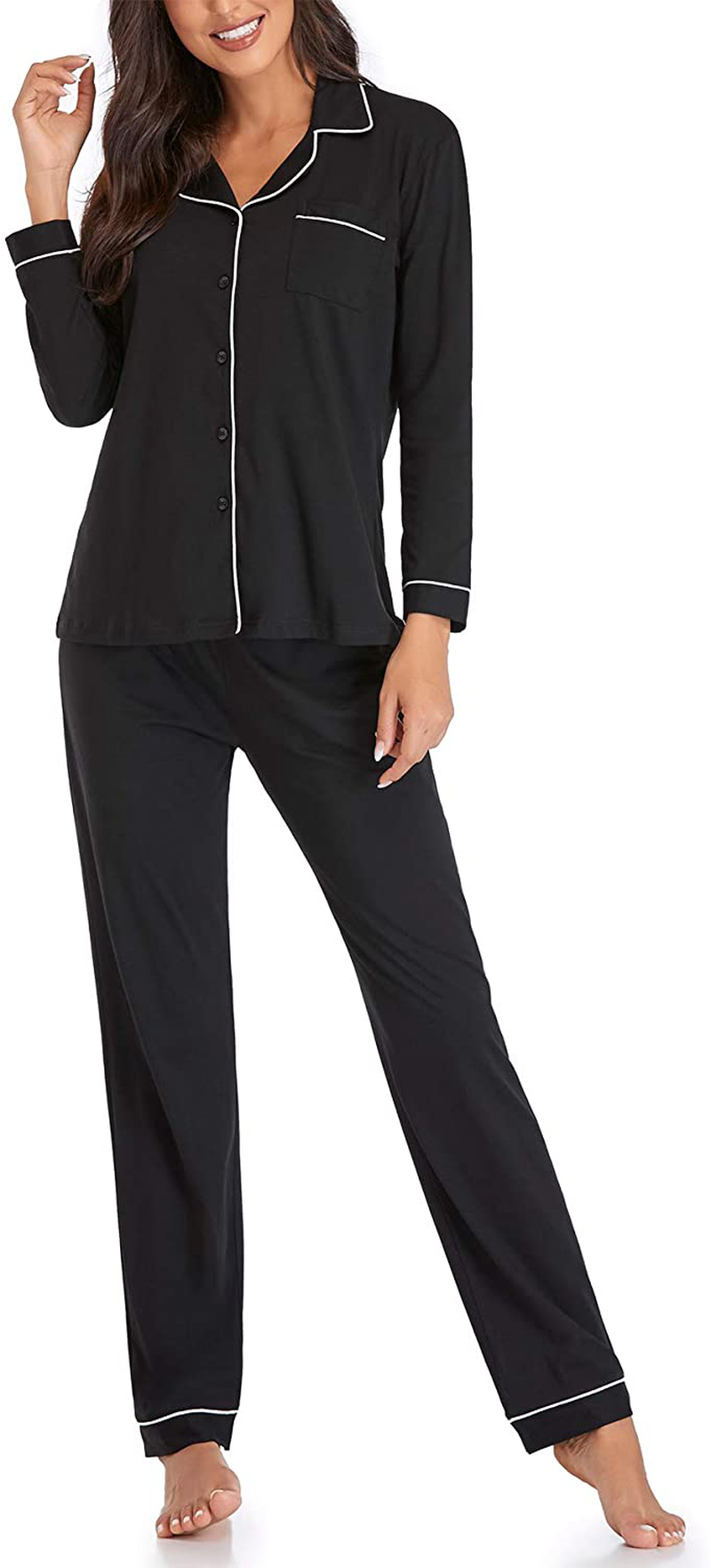 Women's Pajamas Set, Short Sleeve Sleepwear Button-Down Nightwear Soft Pj Lounge Sets Pajamas for Women Apparel & Accessories > Clothing > Sleepwear & Loungewear > Pajamas CULAYII Long-black Small