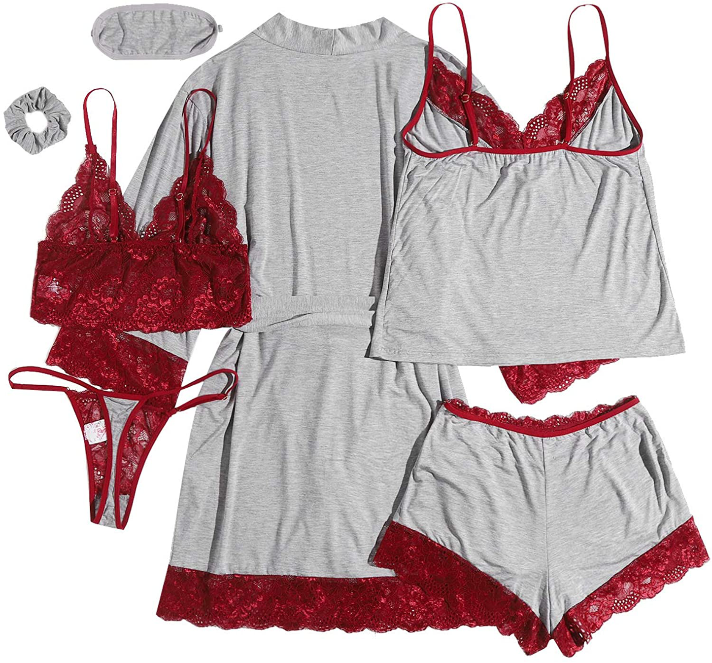 Shein Women'S 7Pcs Floral Lace Trim Cami Pajama Set with Robe and Eye Mask Apparel & Accessories > Clothing > Sleepwear & Loungewear Kylie Max