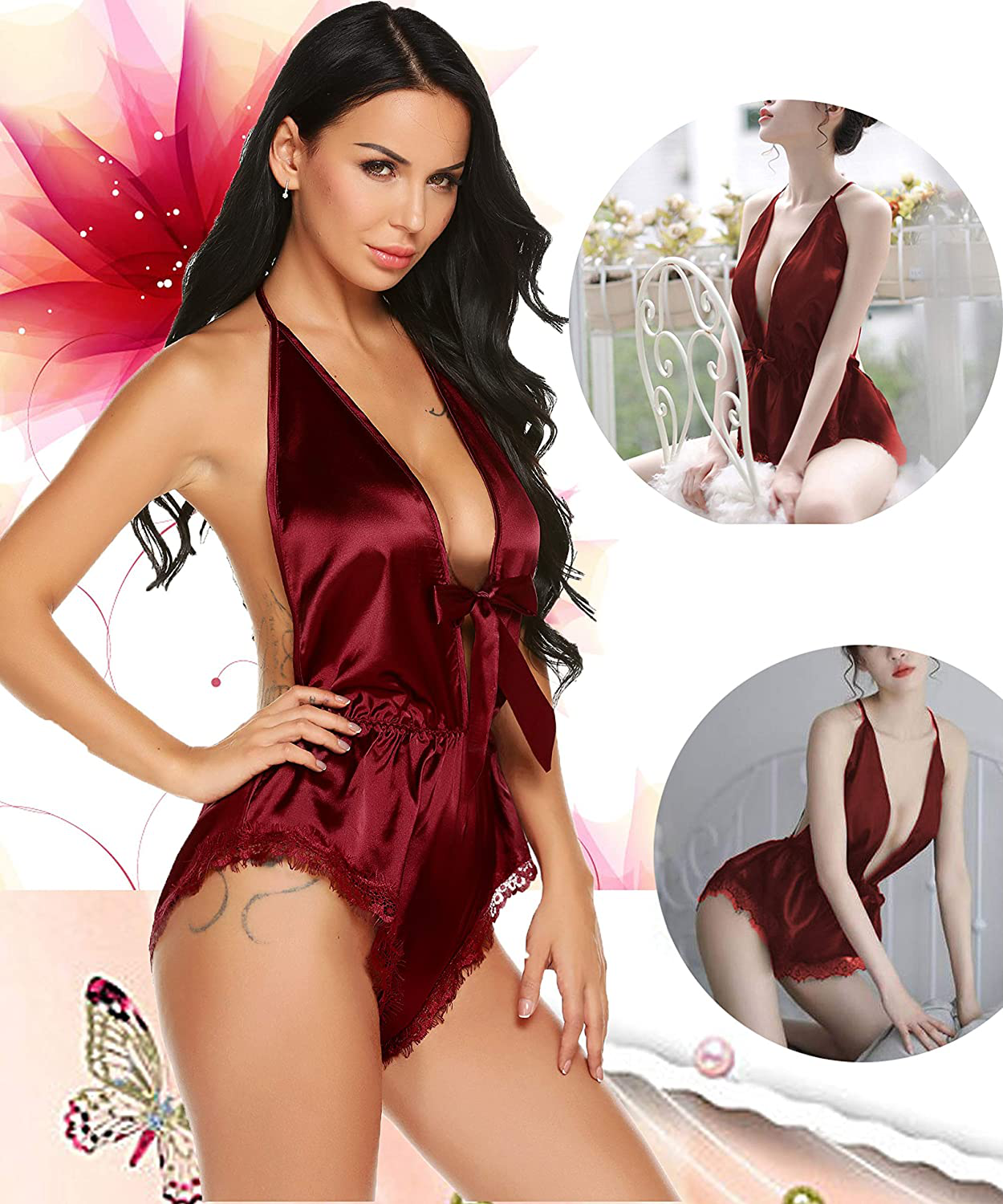 Avidlove Women Lingerie Satin Bodysuit Teddy Babydoll One Piece Halter Pajamas Deep V Jumpsuit Short Nightwear Apparel & Accessories > Clothing > Underwear & Socks > Lingerie Avidlove