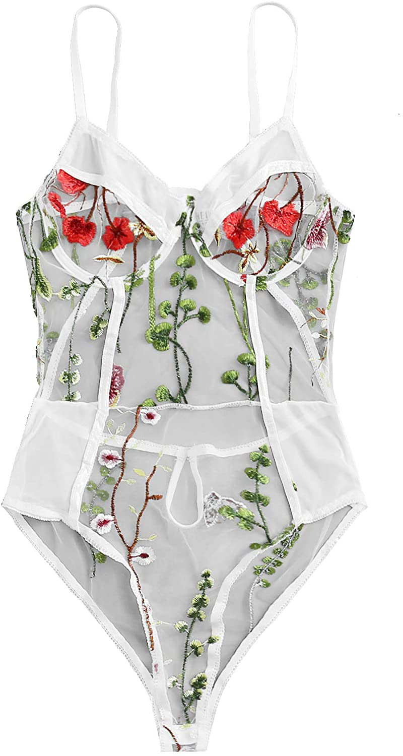 Milumia Women Sexy V Neck Floral Embroidery Sheer Mesh Backless Teddies Lingerie Mini Bodysuits Apparel & Accessories > Clothing > Underwear & Socks > Lingerie Milumia White X-Large