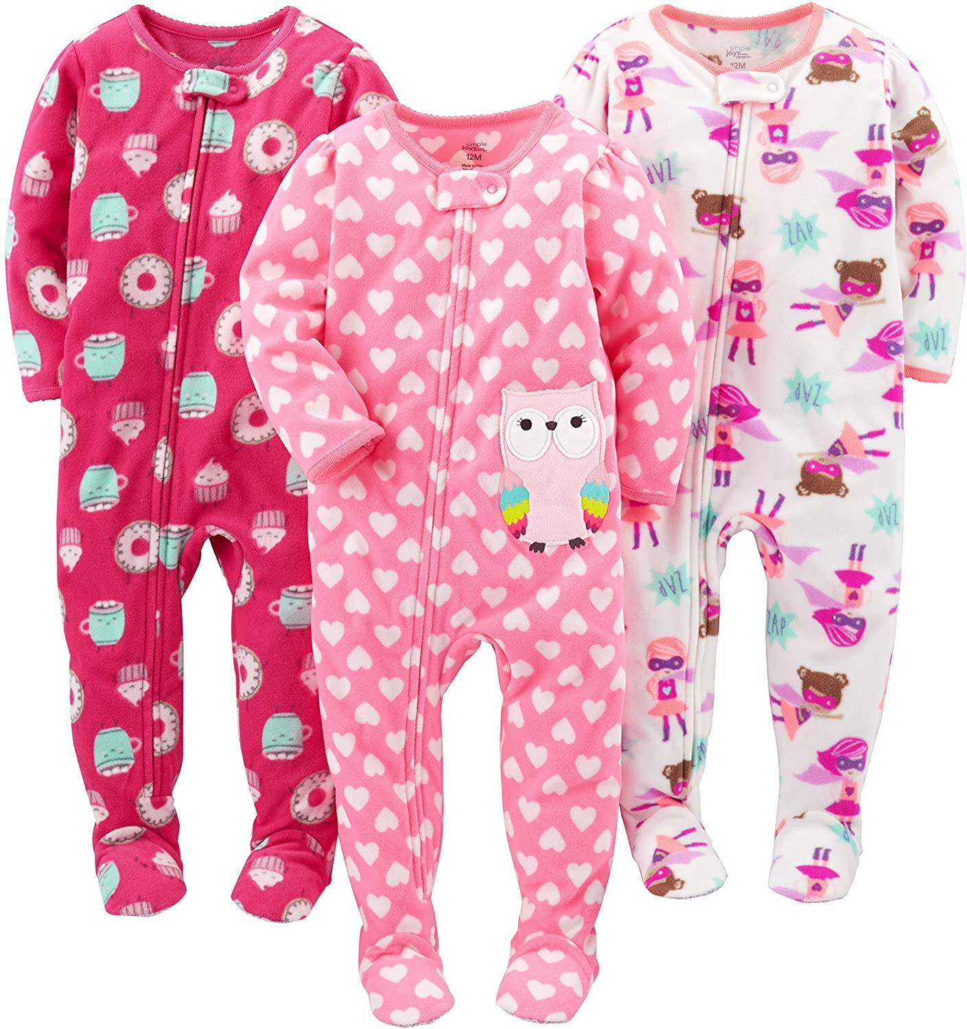 Simple Joys by Carter'S Toddler and Baby Girls' Loose Fit Fleece Footed Pajamas, Pack of 3 Apparel & Accessories > Clothing > Underwear & Socks > Lingerie Simple Joys by Carter's Superhero/Donut/Owl 5T
