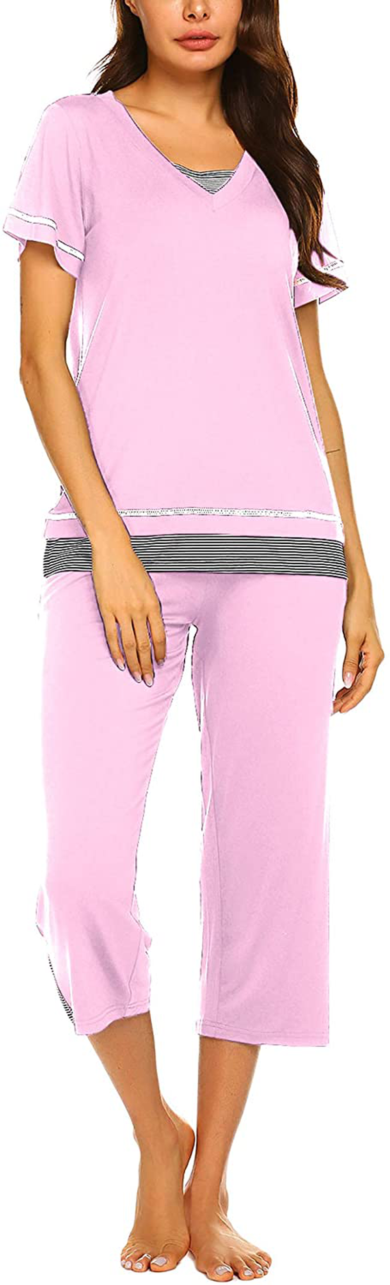 Ekouaer Women's Pajamas Set Soft V Neck Striped Sleepwear Top and Capri Pj Lounge Sets Apparel & Accessories > Clothing > Sleepwear & Loungewear > Pajamas Ekouaer Misty Rose Small