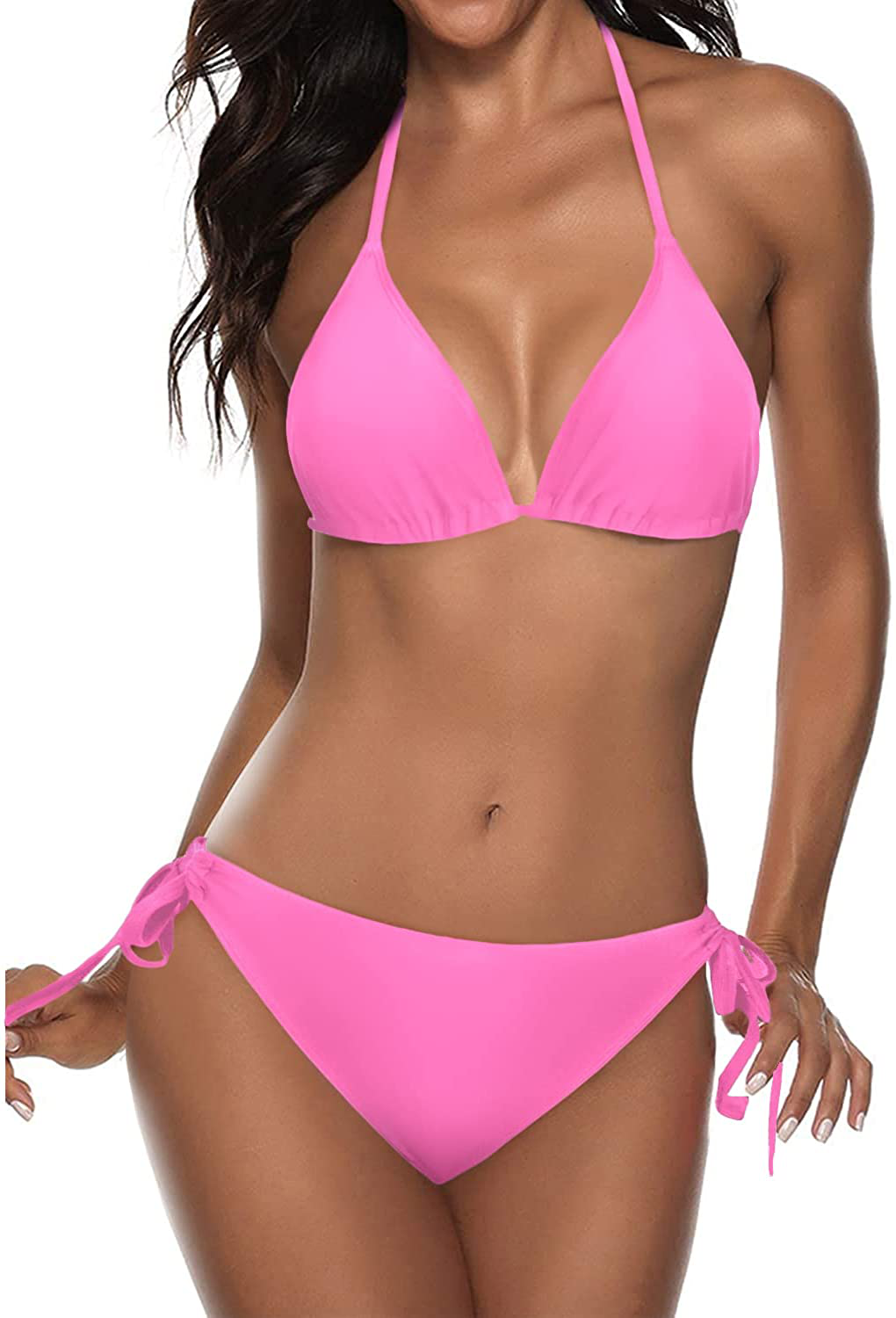 Tempt Me Women Two Piece Halter Padded Top Tie Side Bottom Triangle Bikini Bathing Suit Apparel & Accessories > Clothing > Swimwear KYLIE MAX Neon Pink XX-Large