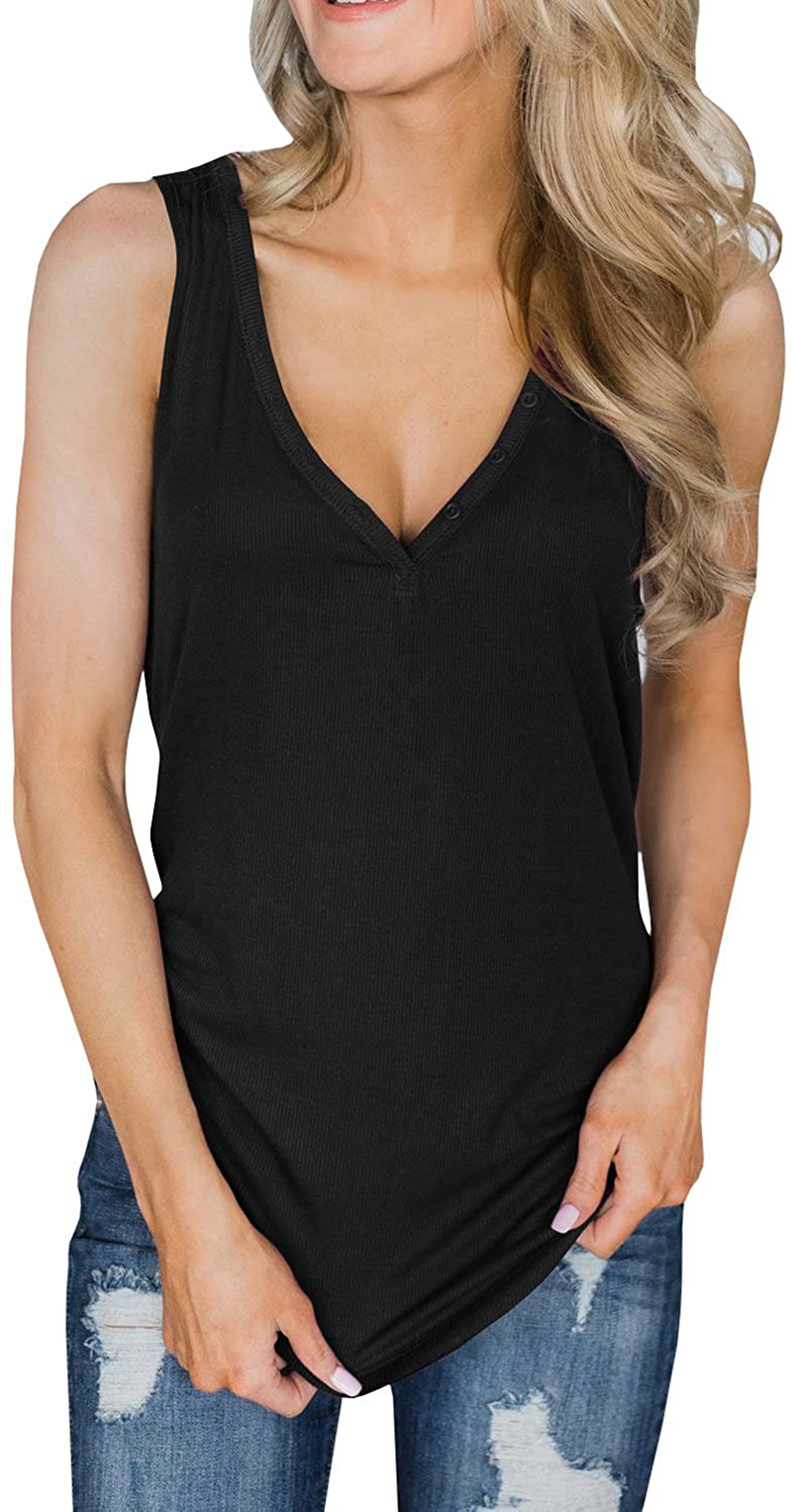 Dellytop Womens V Neck Tank Tops Sleeveless Henley Shirts Button up Ribbed Long Tunic Tees Apparel & Accessories > Clothing > Activewear Kylie Max