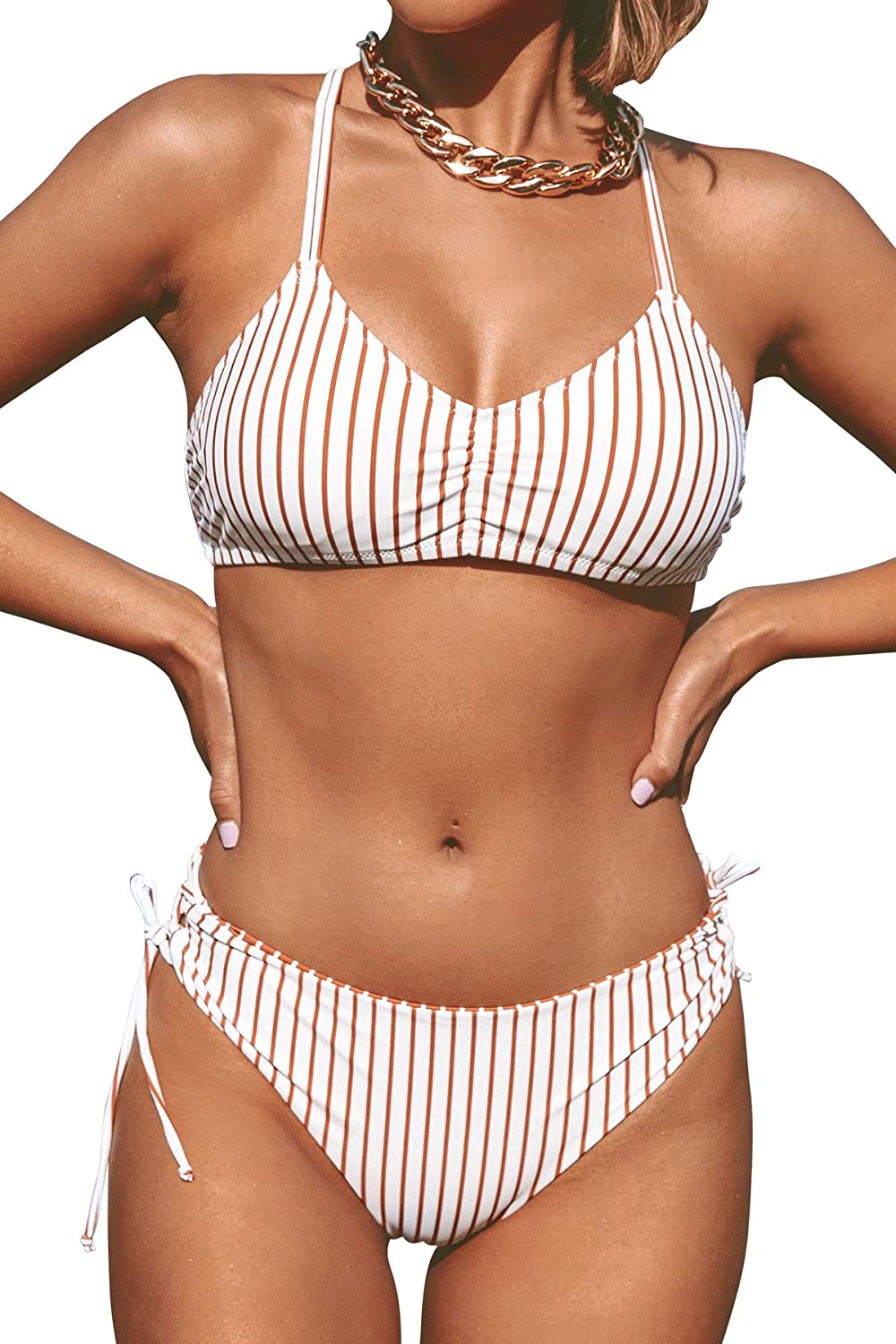 CUPSHE Women Back Braided Straps Bikini Sets Reversible Bottom Strappy Lace Up 2 Piece Swimsuits Apparel & Accessories > Clothing > Swimwear KYLIE MAX Brown Stripe Small