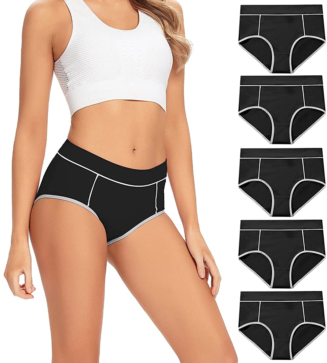 POKARLA Women'S Cotton Stretch Underwear Ladies Mid-High Waisted Briefs Panties 5-Pack Apparel & Accessories > Clothing > Underwear & Socks > Underwear POKARLA Black02 5X-Large