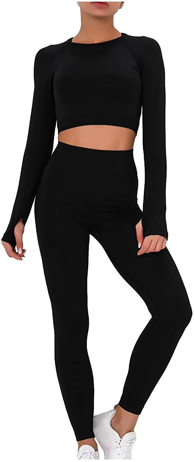 Burband Workout Lounge Sets for Women 2 Piece Outfits Solid Long Sleeve Crop Tops and Ribbed Seamless Leggings Gym Yoga Sets Apparel & Accessories > Clothing > Underwear & Socks > Shapewear Burband Black Large