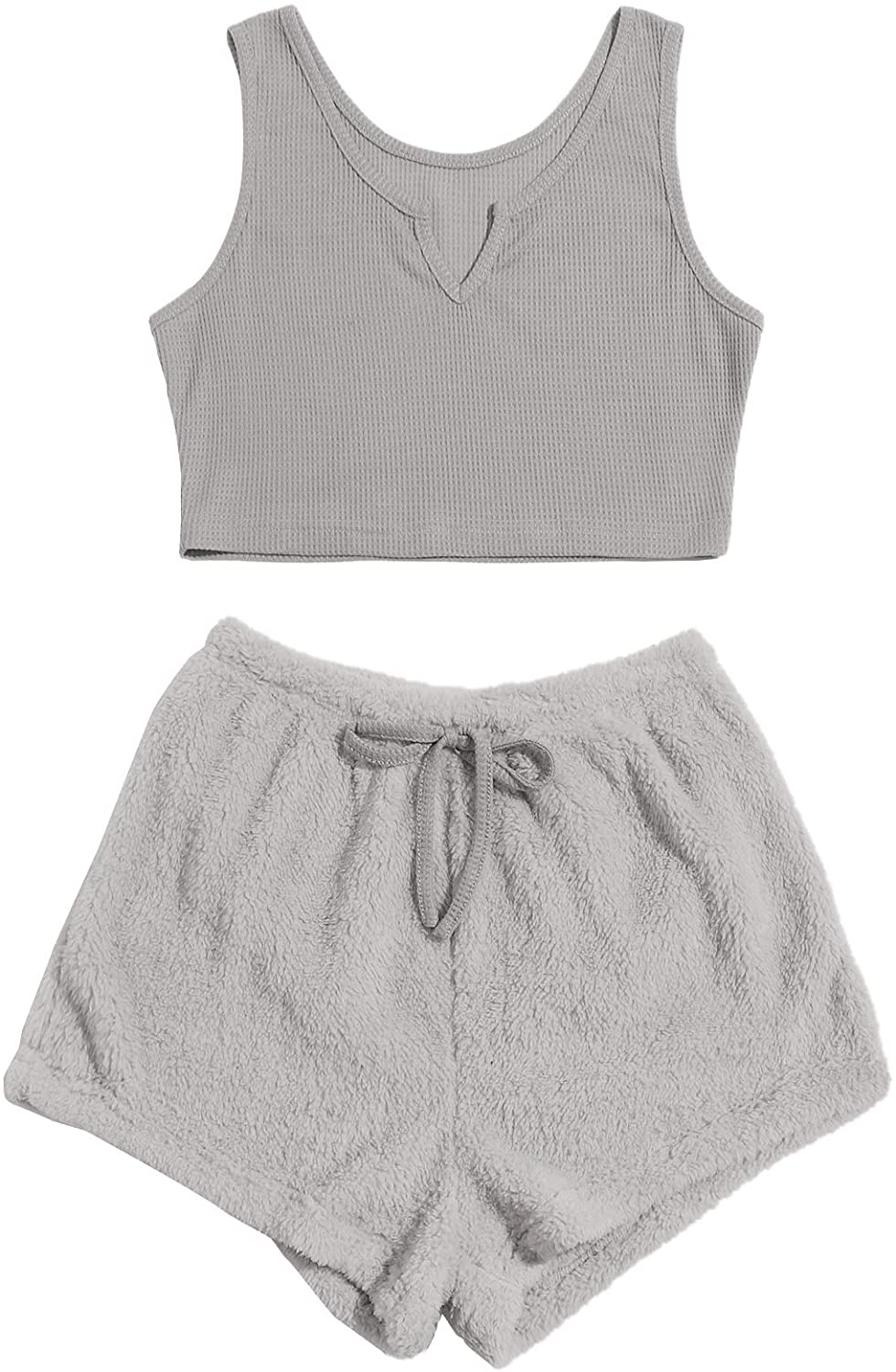 Verdusa Women'S 2 Piece PJ Set Notched Tank Top & Teddy Shorts Fuzzy Lounge Pajama Set Apparel & Accessories > Clothing > Sleepwear & Loungewear Kylie Max