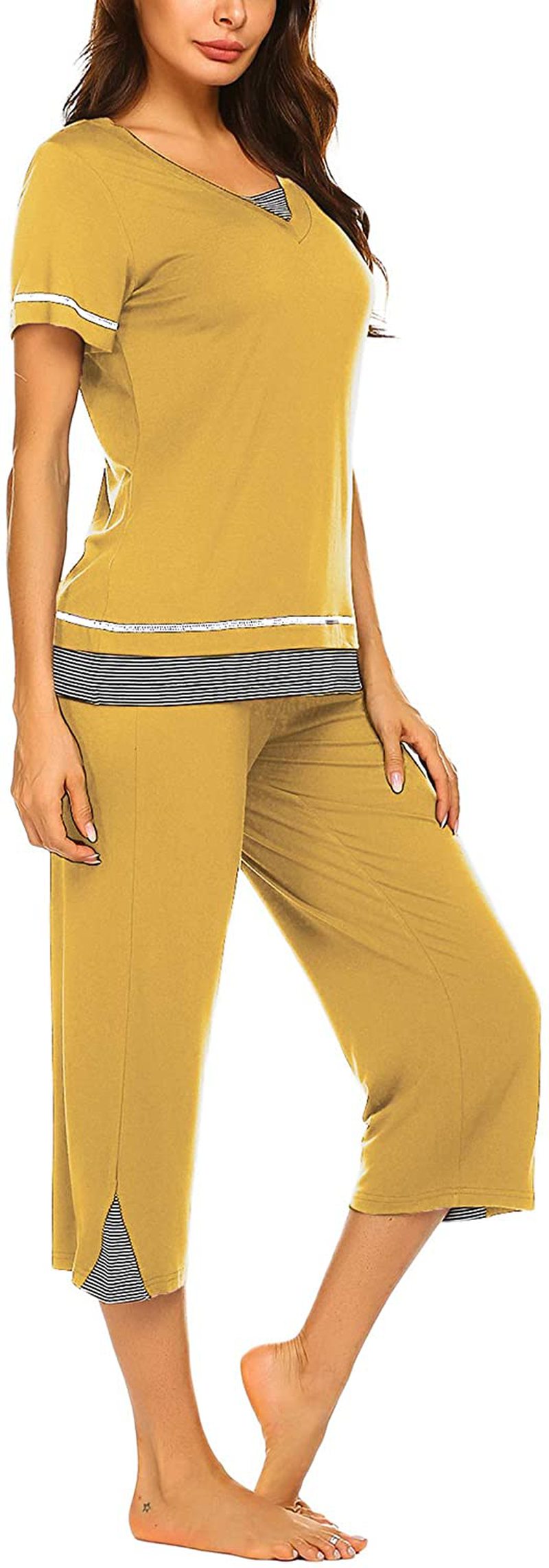 Ekouaer Women's Pajamas Set Soft V Neck Striped Sleepwear Top and Capri Pj Lounge Sets Apparel & Accessories > Clothing > Sleepwear & Loungewear > Pajamas Ekouaer