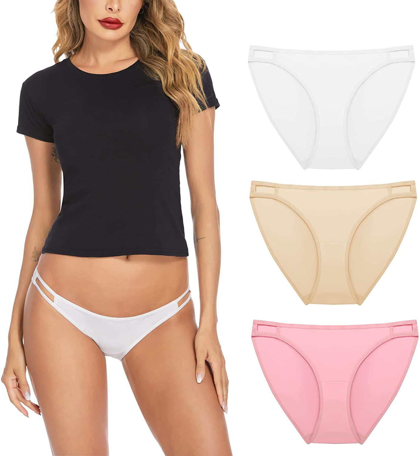 Ekouaer Sexy Ice Silk Bikini Underwear Panty Womens Seamless String Briefs Soft Stretch Breathable Invisible Panty 3 Pack Apparel & Accessories > Clothing > Underwear & Socks > Underwear Ekouaer 3 Pack-white/Beige/Pink XX-Large