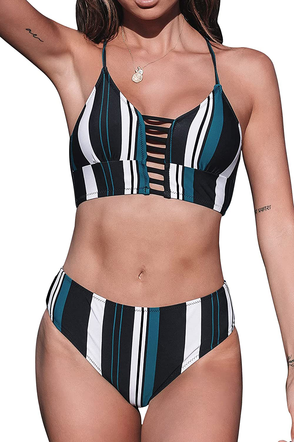 CUPSHE Women’s Bikini Swimsuit Floral Print Lace Up Multi Color Strappy Two Piece Bathing Suit Apparel & Accessories > Clothing > Swimwear CUPSHE Multicoloured Large