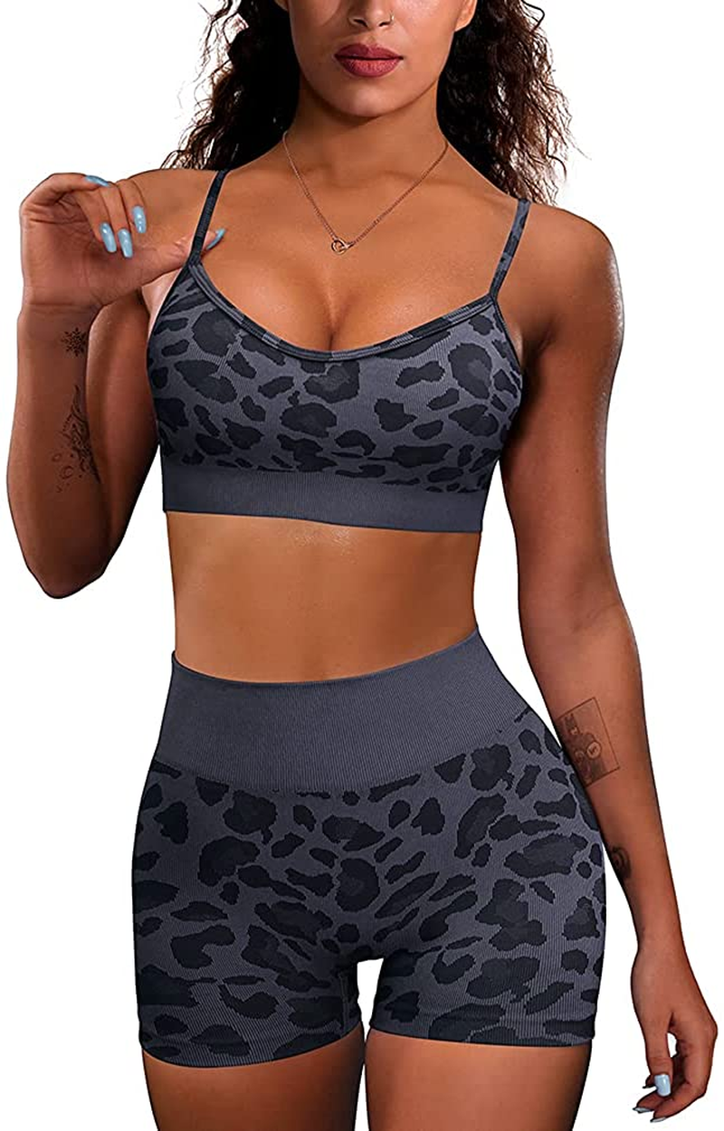 OQQ Yoga Outfit for Women Seamless 2 Piece Workout Gym High Waist Leggings with Sport Bra Set Apparel & Accessories > Clothing > Underwear & Socks > Lingerie HZSN C: Leopard_grey Large