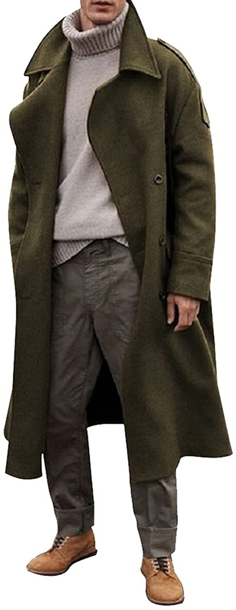 Merthy Mens Winter Warm French Woolen Trench Coats Long Sleeved Turn-Down Collar Double Breasted Business Long Pea Coat Apparel & Accessories > Clothing > Underwear & Socks > Shapewear Merthy Army Green Small