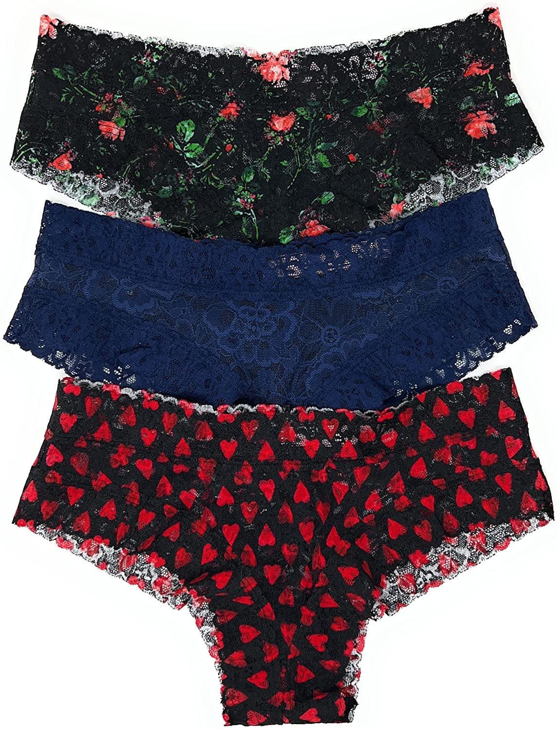 Victoria'S Secret the Lacie Cheeky Panty Set of 3 Apparel & Accessories > Clothing > Underwear & Socks > Underwear Victoria's Secret Black Floral / Navy / Black Red Hearts Large