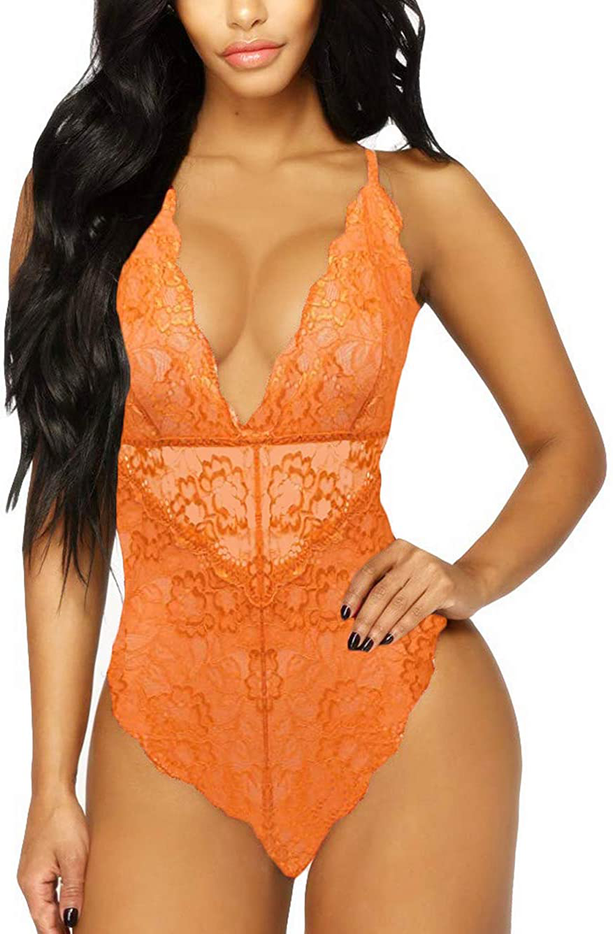 Kaei&Shi V-Neck See Through Lingerie Floral Lace Babydoll Sexy Lingerie for Women One Piece Bodysuit Apparel & Accessories > Clothing > Underwear & Socks > Lingerie Kaei&Shi Orange 4X Plus