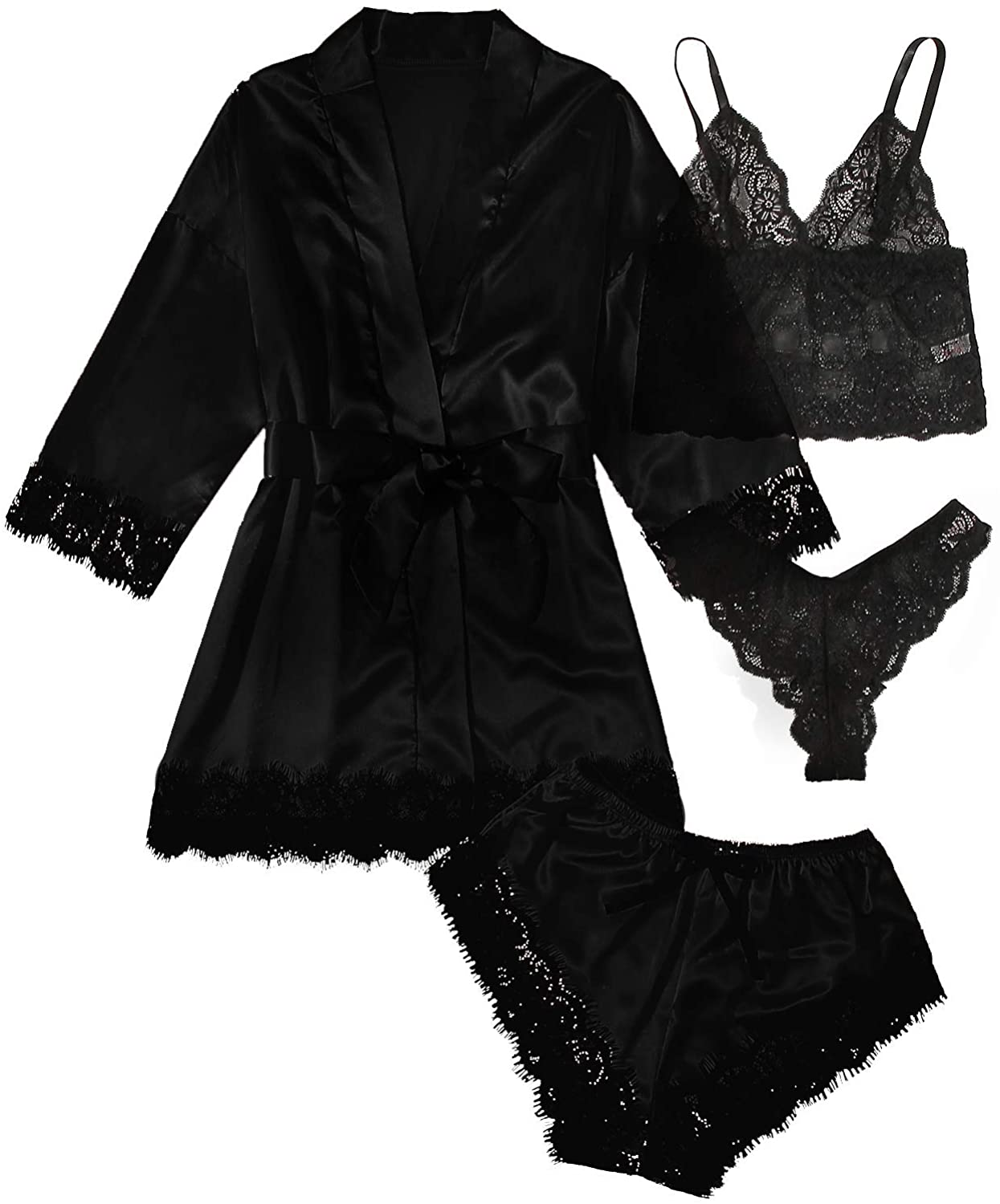 WDIRARA Women'S 4 Pieces Satin Floral Lace Cami Top Lingerie Pajama Set with Robe Apparel & Accessories > Clothing > Underwear & Socks > Lingerie WDIRARA Pure Black Large