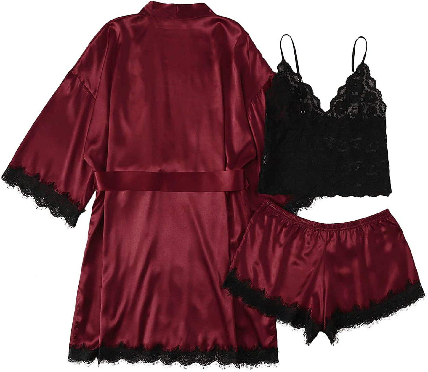 LYANER Women'S Lace Cami Top and Shorts Satin Silk Lingerie Set with Robe Pajamas Sleepwear Apparel & Accessories > Clothing > Sleepwear & Loungewear Kylie Max