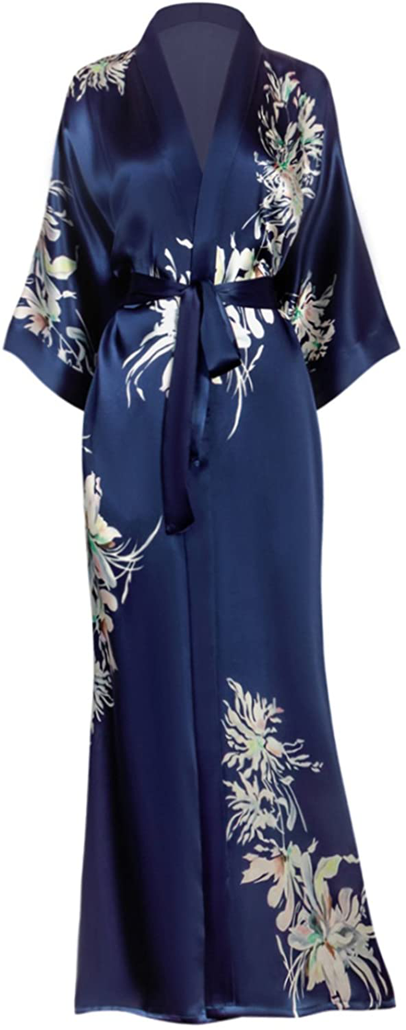 KIM+ONO Women'S Silk Kimono Robe Long - Floral Print Apparel & Accessories > Clothing > Sleepwear & Loungewear > Robes KIM+ONO Yuri- Midnight