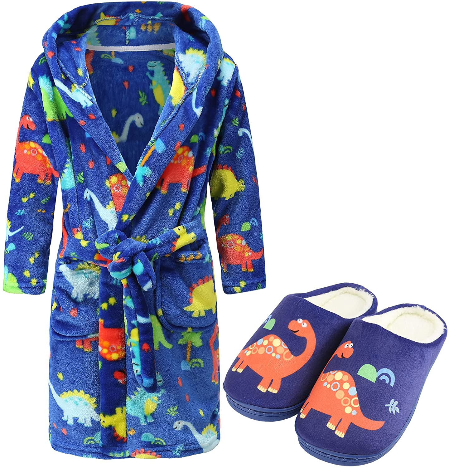 Kids Fleece Hooded Bathrobe Matching Slippers Toddler Soft Plush Hooded Robe Flannel Pajamas Sleepwear with Slippers for Boys Apparel & Accessories > Clothing > Sleepwear & Loungewear > Robes Kylie Max