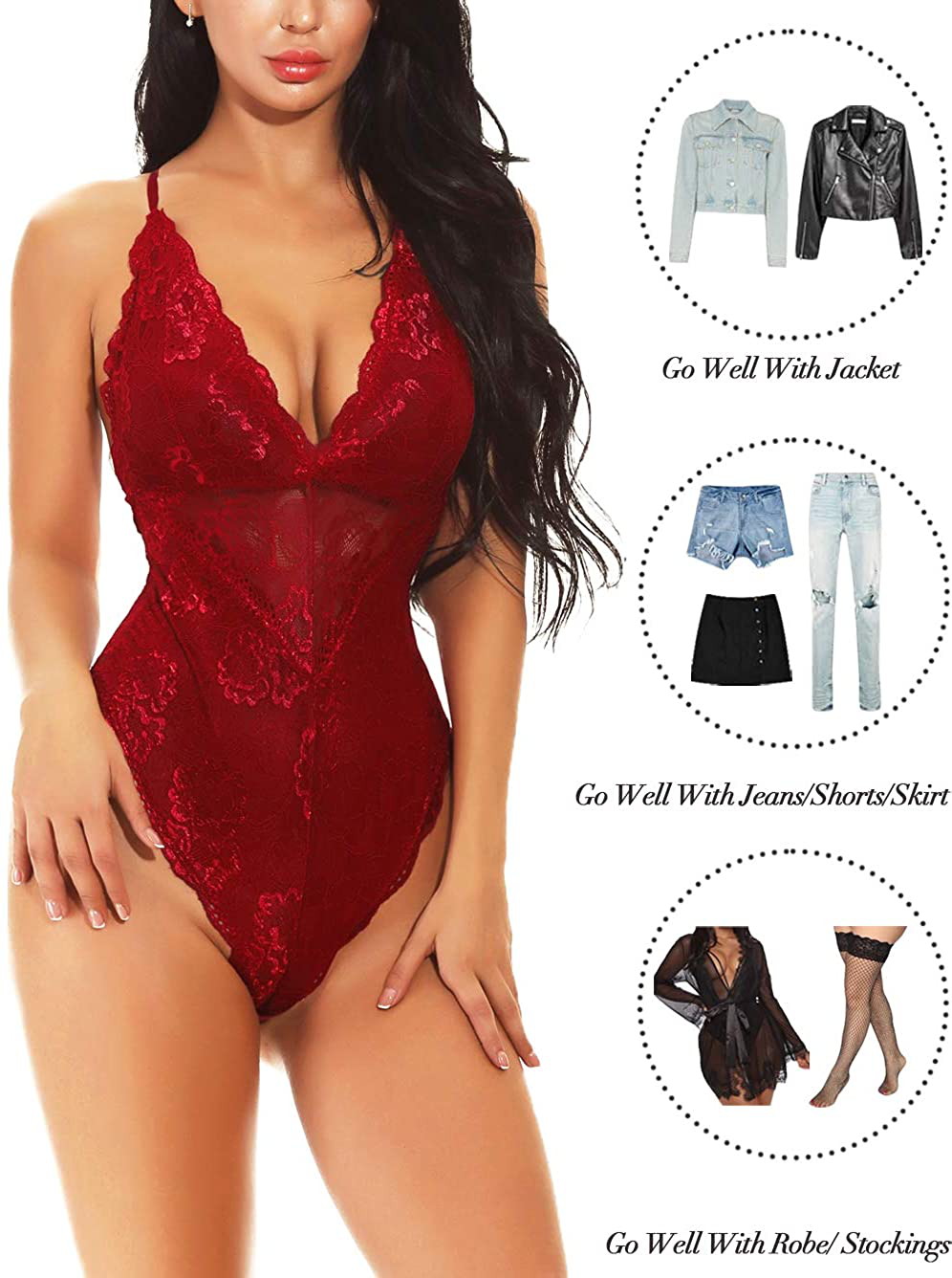 Kaei&Shi V-Neck See Through Lingerie Floral Lace Babydoll Sexy Lingerie for Women One Piece Bodysuit Apparel & Accessories > Clothing > Underwear & Socks > Lingerie Kaei&Shi