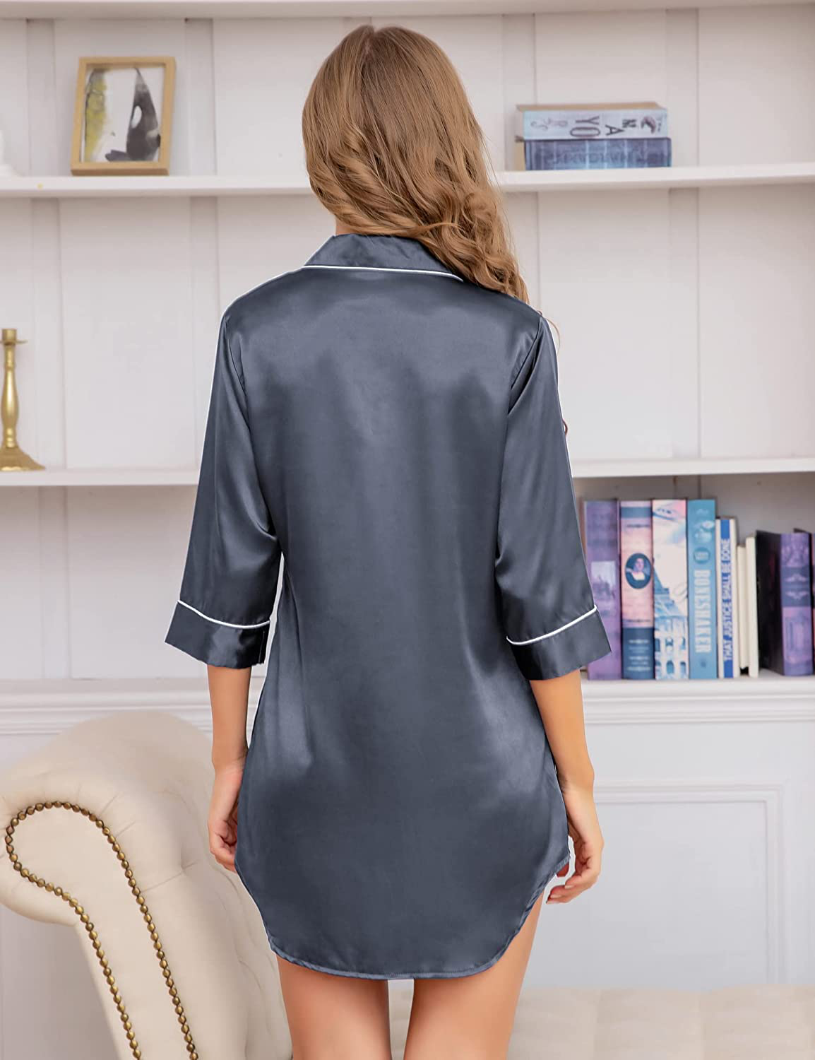 SWOMOG Women'S Satin Nightgown 3/4 Sleeve Sleepwear Button down Sleep Shirt Silk Nighty Pajama Top Apparel & Accessories > Clothing > Sleepwear & Loungewear > Nightgowns Kylie Max