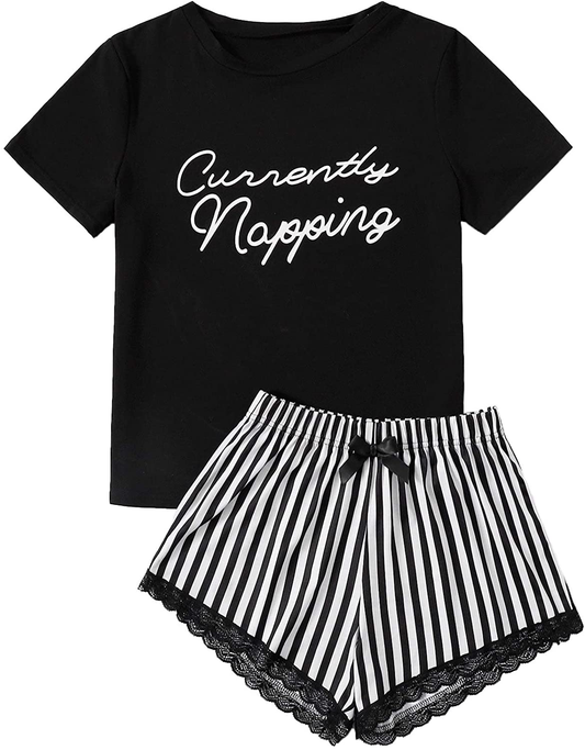 DIDK Women's Cute Cartoon Print Tee and Shorts Pajama Set  DIDK Black Striped Small