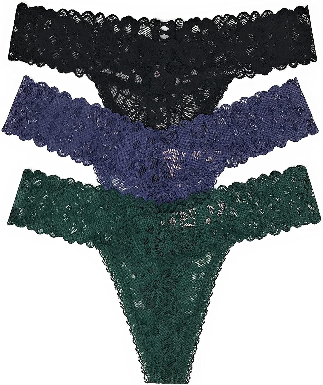 Victoria's Secret The Lacie Thong Panty Set of 3 Apparel & Accessories > Clothing > Underwear & Socks > Underwear Victoria's Secret Black Cross / Denim / Emerald Large