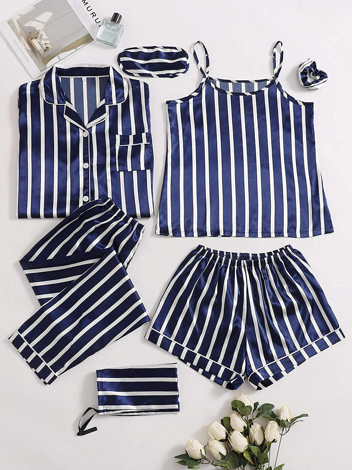 DIDK Women'S Satin 7Pcs Pajama Set Cami Pjs with Shirt and Eye Mask Sleepwear Apparel & Accessories > Clothing > Sleepwear & Loungewear Kylie Max
