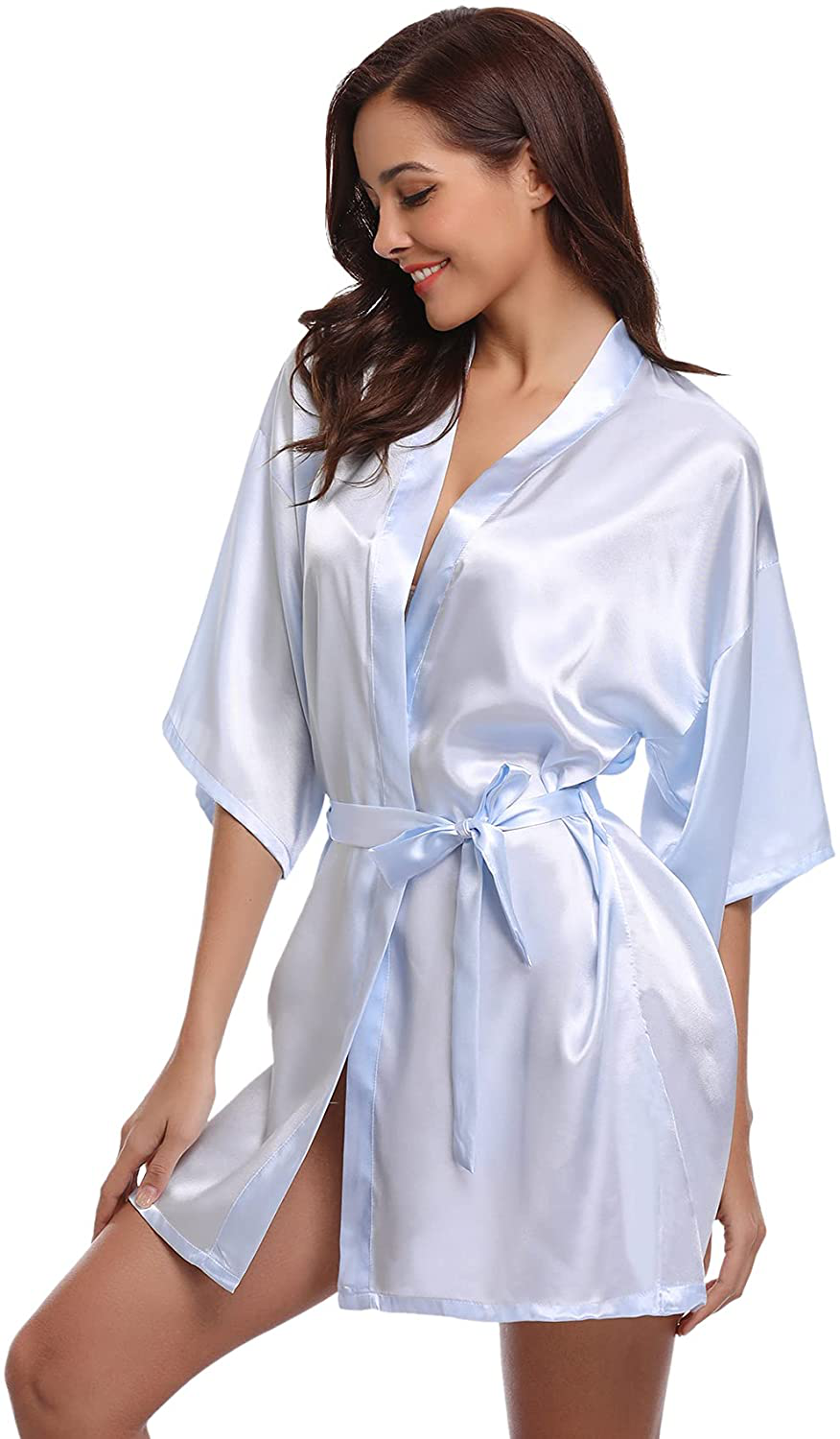 Litherday Women'S Kimono Robe Silk Bathrobe Sleepwear Short Satin Robes for Bridal Bridesmaids Dressing Gown Apparel & Accessories > Clothing > Sleepwear & Loungewear > Robes Litherday Light Blue XX-Large