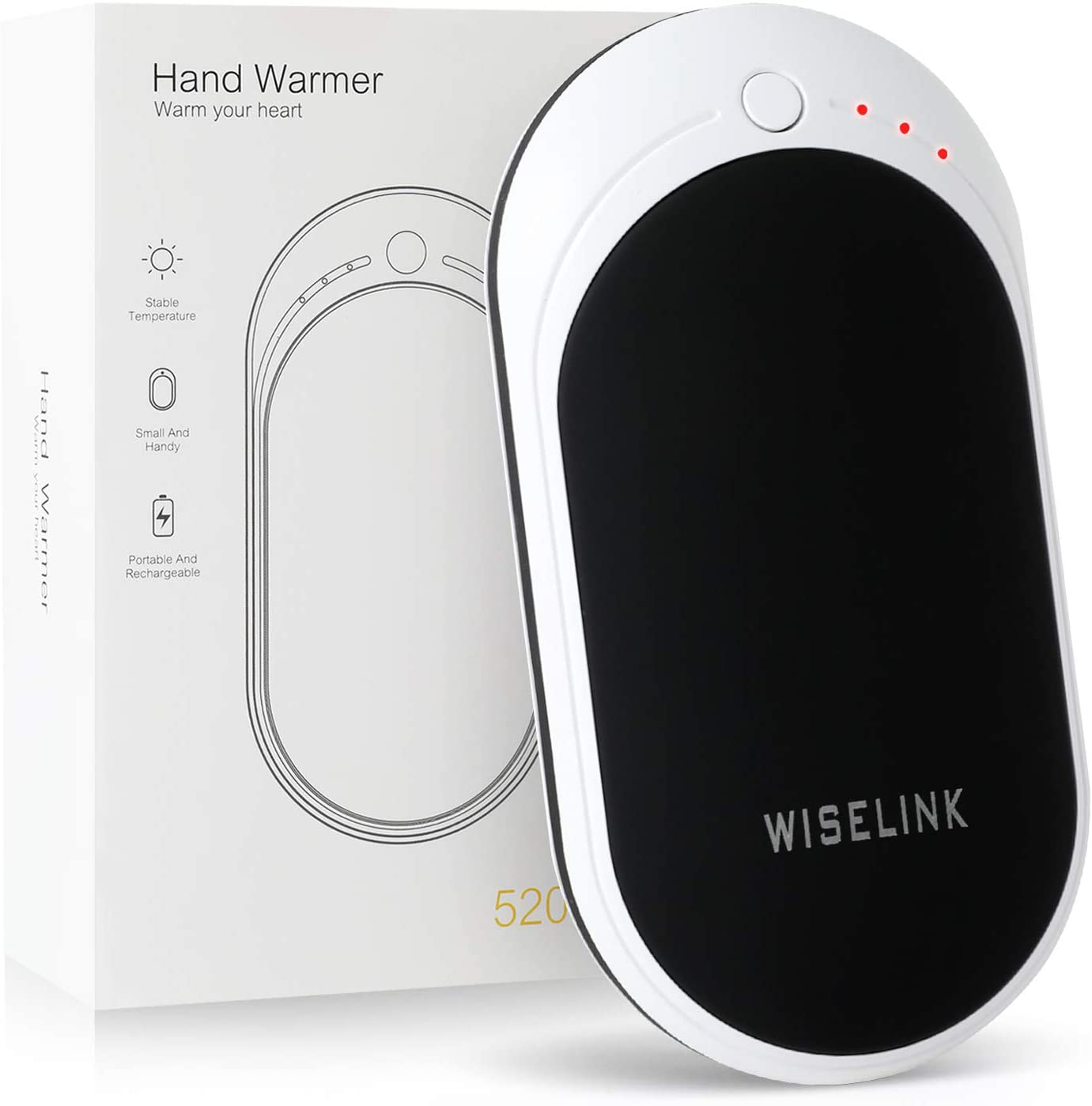 Wiselink Rechargeable Hand Warmer, 5200mAh Electric Hand Warmers Reusable, Portable USB Power Bank, Double-Sided Quick Heating Handwarmer for Hunting, Golf, Camping, Skiing, Winter Gift for Women, Men Arts & Entertainment > Party & Celebration > Gift Giving Wiselink black