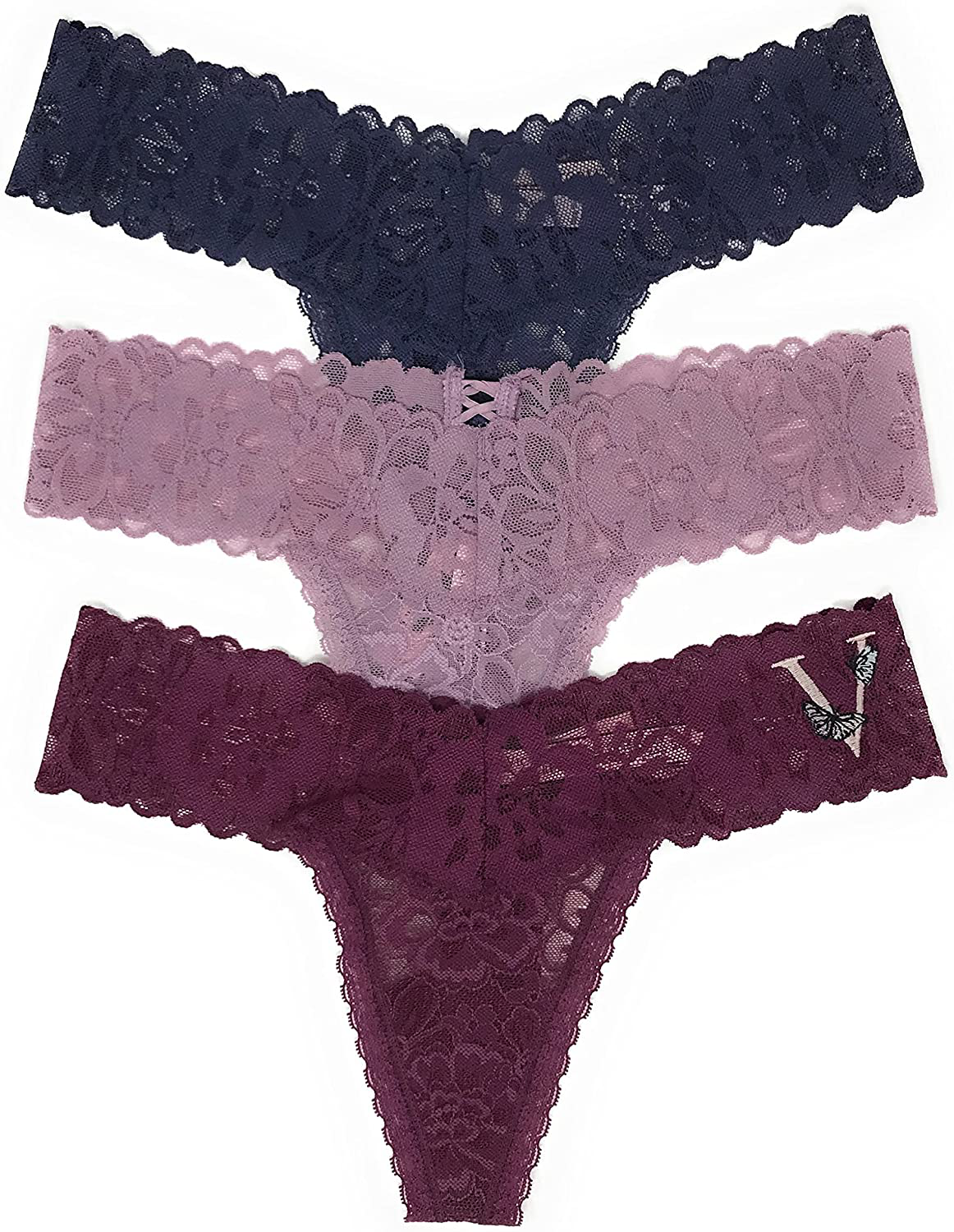 Victoria's Secret The Lacie Thong Panty Set of 3 Apparel & Accessories > Clothing > Underwear & Socks > Underwear Victoria's Secret Denim / Mauve Cross / Plum V Logo Large