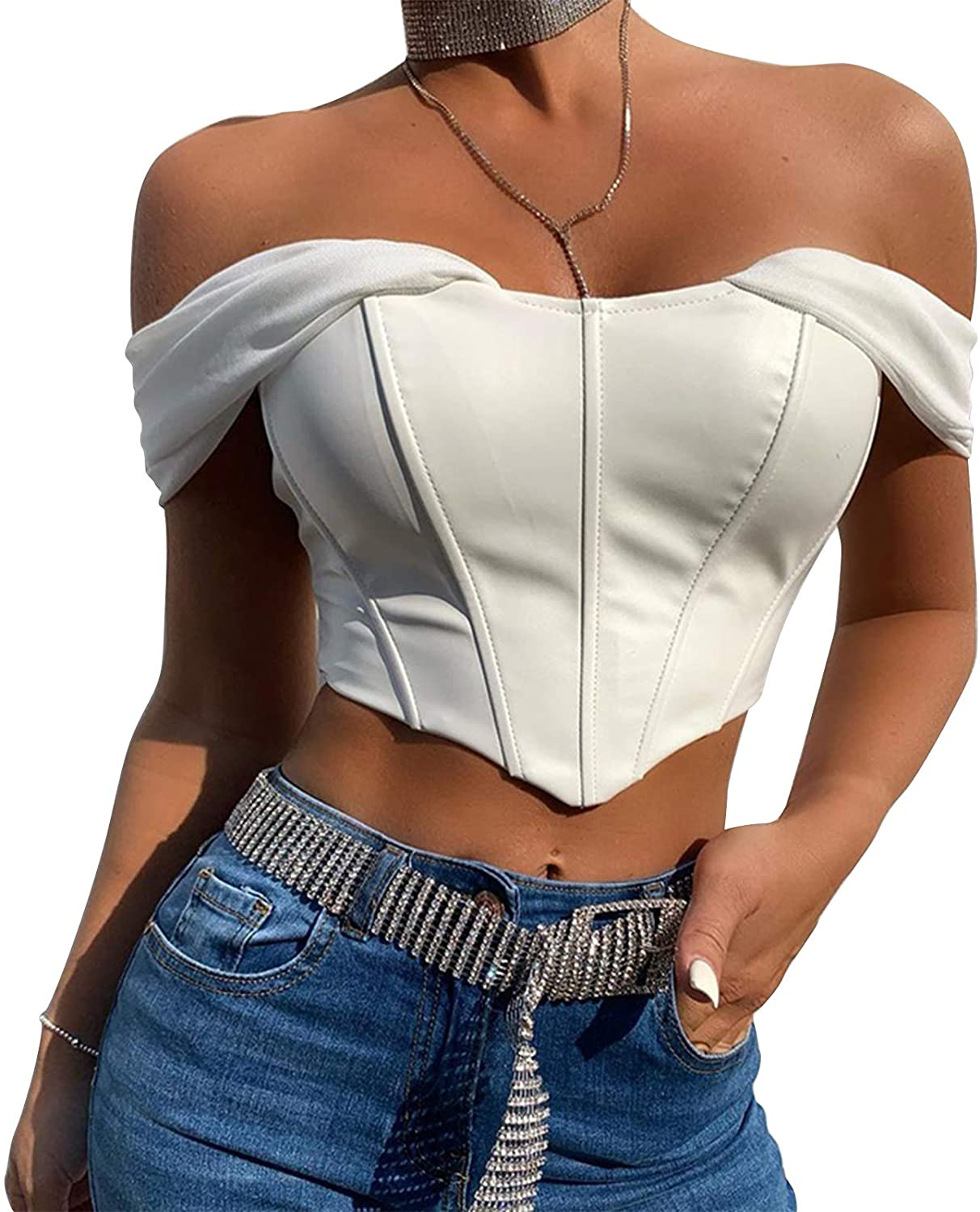 Corset Top for Women Sexy Strappy Bustier Faux Leather Overbust Waist Cincher Lace up Shapewear Top Summer Outwear Top Apparel & Accessories > Clothing > Underwear & Socks > Lingerie DCD A White Small