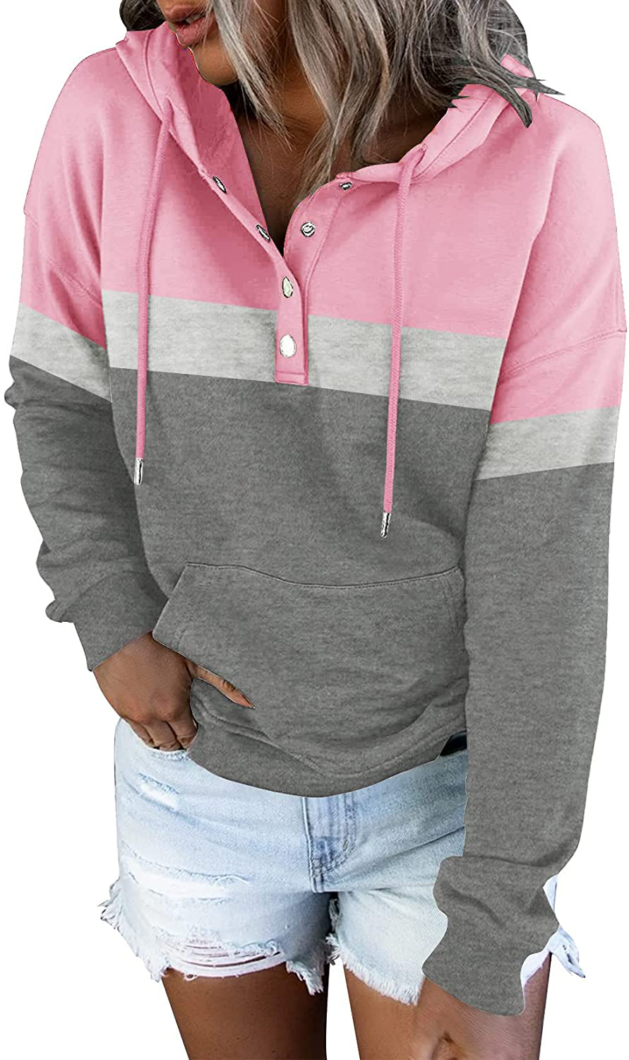 ETCYY Women'S Color Block Hoodies Tops Long Sleeve Casual Drawstring Button down Pullover Sweatshirt with Pocket Apparel & Accessories > Clothing > Activewear Kylie Max