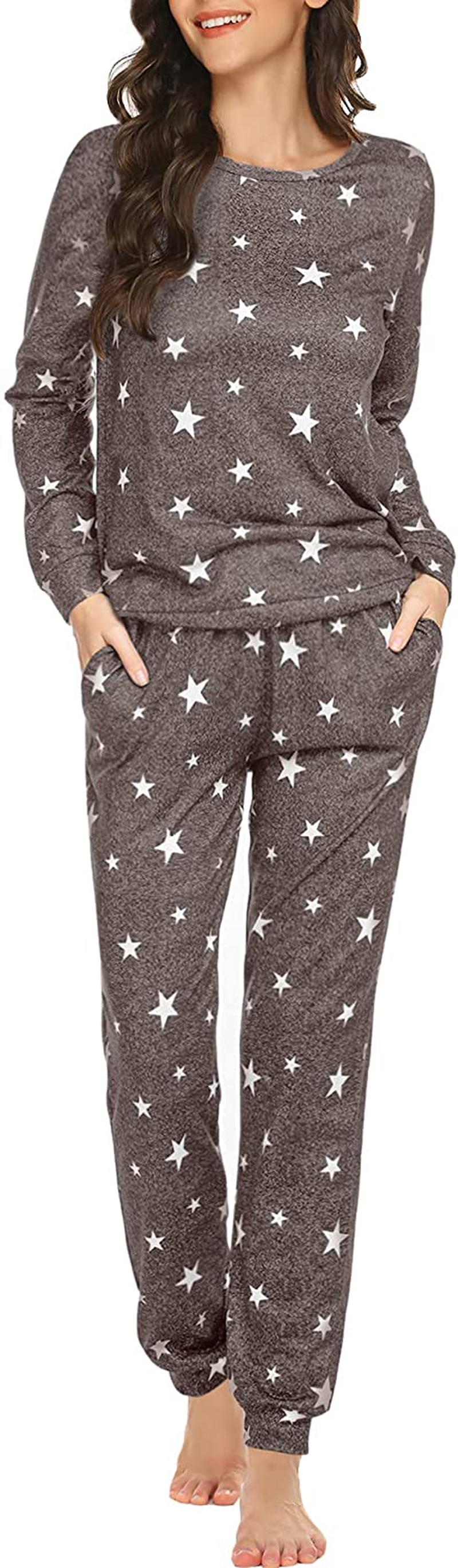 Ekouaer Womens Pajama Set Long Sleeve Sleepwear Star Print Nightwear Soft Pjs Lounge Sets with Pockets Apparel & Accessories > Clothing > Sleepwear & Loungewear > Pajamas Ekouaer A-brown White Star Small