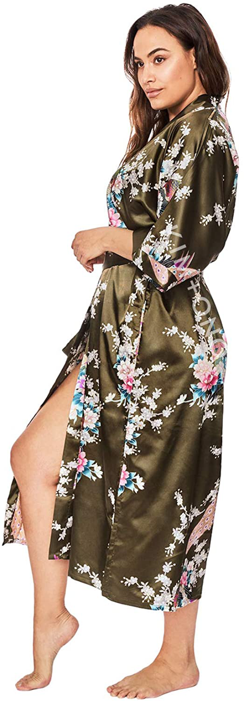KIM+ONO plus Size Women'S Satin Kimono Robe Long - Floral Apparel & Accessories > Clothing > Sleepwear & Loungewear > Robes KIM+ONO Peacock & Blossoms - Caper