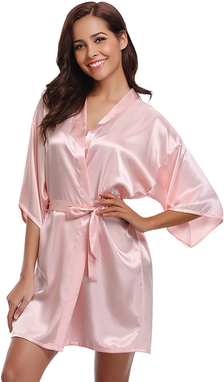 Litherday Women'S Kimono Robe Silk Bathrobe Sleepwear Short Satin Robes for Bridal Bridesmaids Dressing Gown Apparel & Accessories > Clothing > Sleepwear & Loungewear > Robes Litherday Pink Large