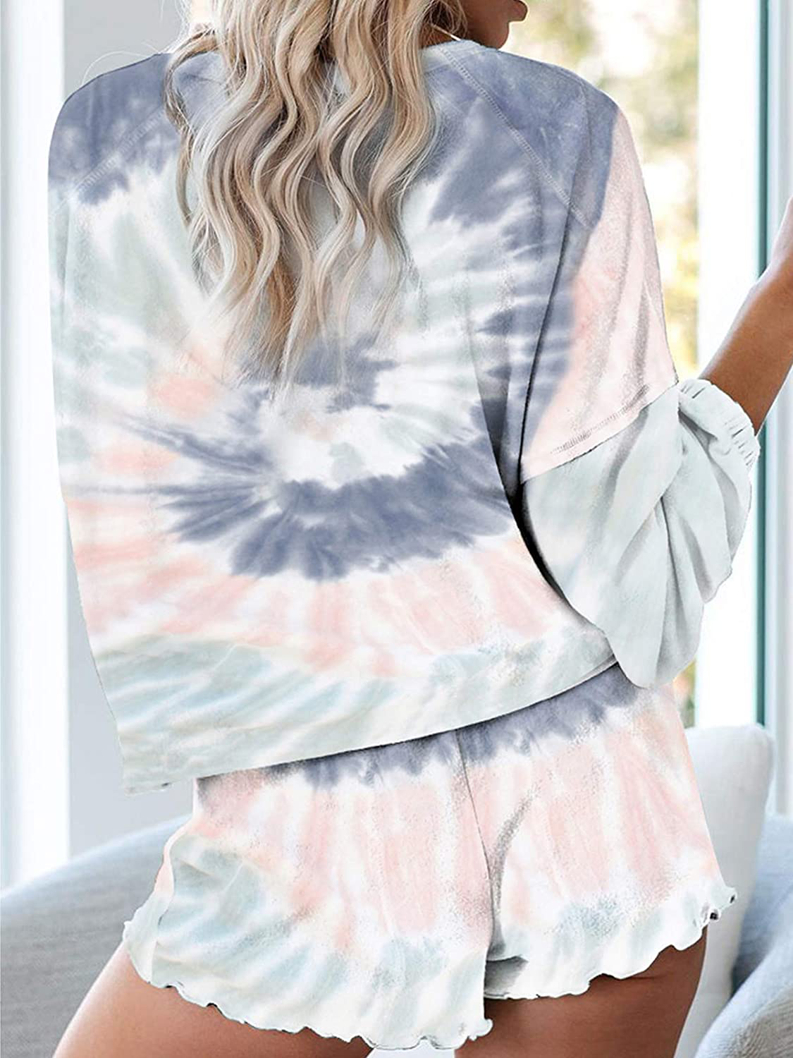 Century Star Women Pajamas Tie Dye Print Long Sleeve Shirt Elastic Drawstring Shorts 2 Piece Set Sleepwear Loungewear Apparel & Accessories > Clothing > Sleepwear & Loungewear > Pajamas Kylie Max