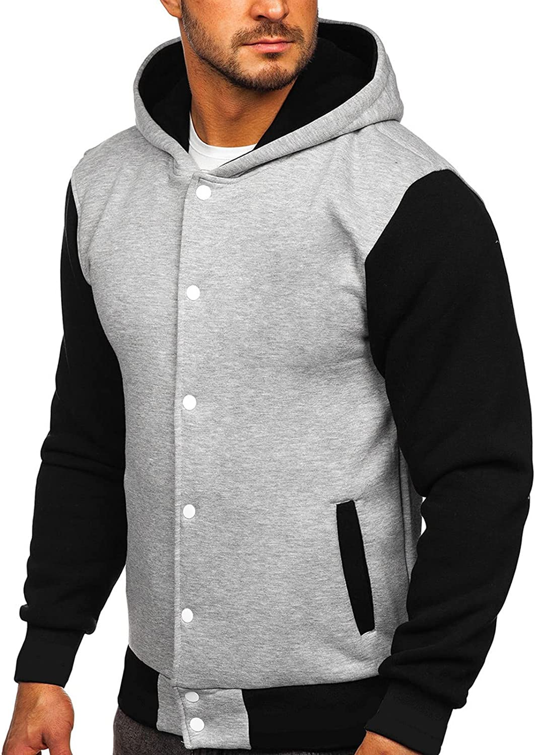 Merthy Mens Classic Varsity Baseball Jackets with Hood Casual Slim Fit Snap Buttons Cotton Uniform Bomber Jackets Coats Apparel & Accessories > Clothing > Underwear & Socks > Shapewear Merthy 01 Gray XX-Large