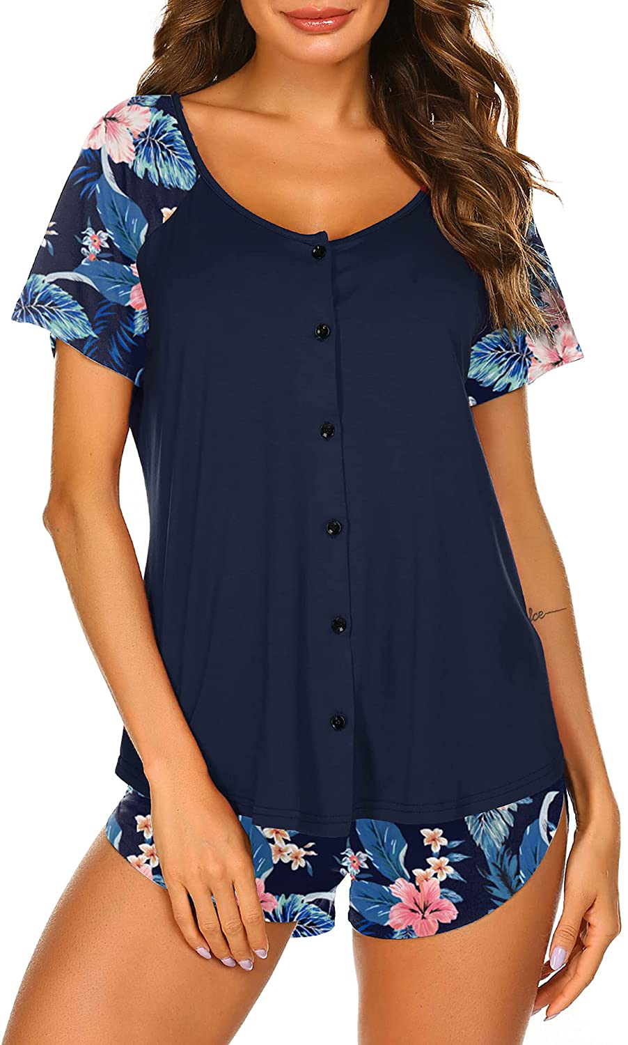 Ekouaer Women's Pajama Short Sleeve Sleepwear Soft Pj Set Top and Shorts Pajamas Set Apparel & Accessories > Clothing > Sleepwear & Loungewear > Pajamas Ekouaer Style 1_blue Flowers Small