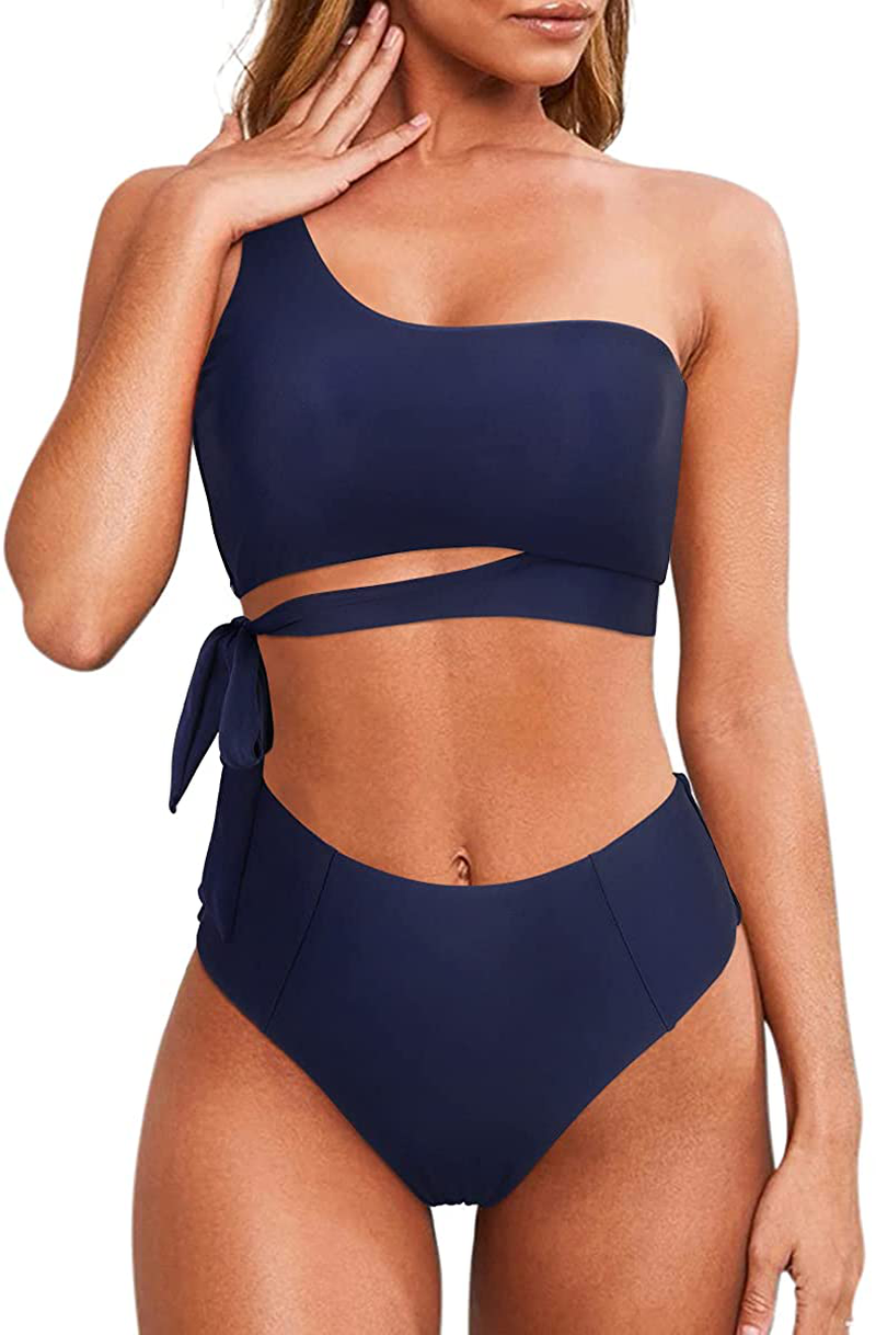 MOOSLOVER Women One Shoulder High Waisted Bikini Tie High Cut Two Piece Swimsuits Apparel & Accessories > Clothing > Swimwear MOOSLOVER Dark Blue X-Large