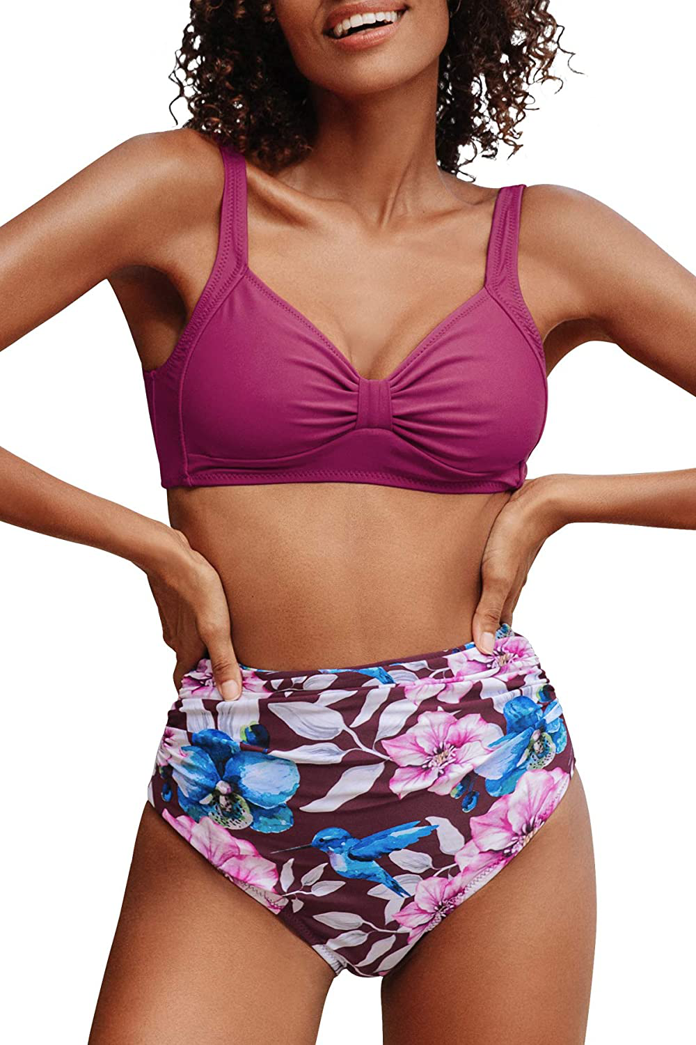 CUPSHE Women's High Waist Bikini Swimsuit Floral Print Knot Two Piece Bathing Suit Apparel & Accessories > Clothing > Swimwear KYLIE MAX Wine Red X-Small