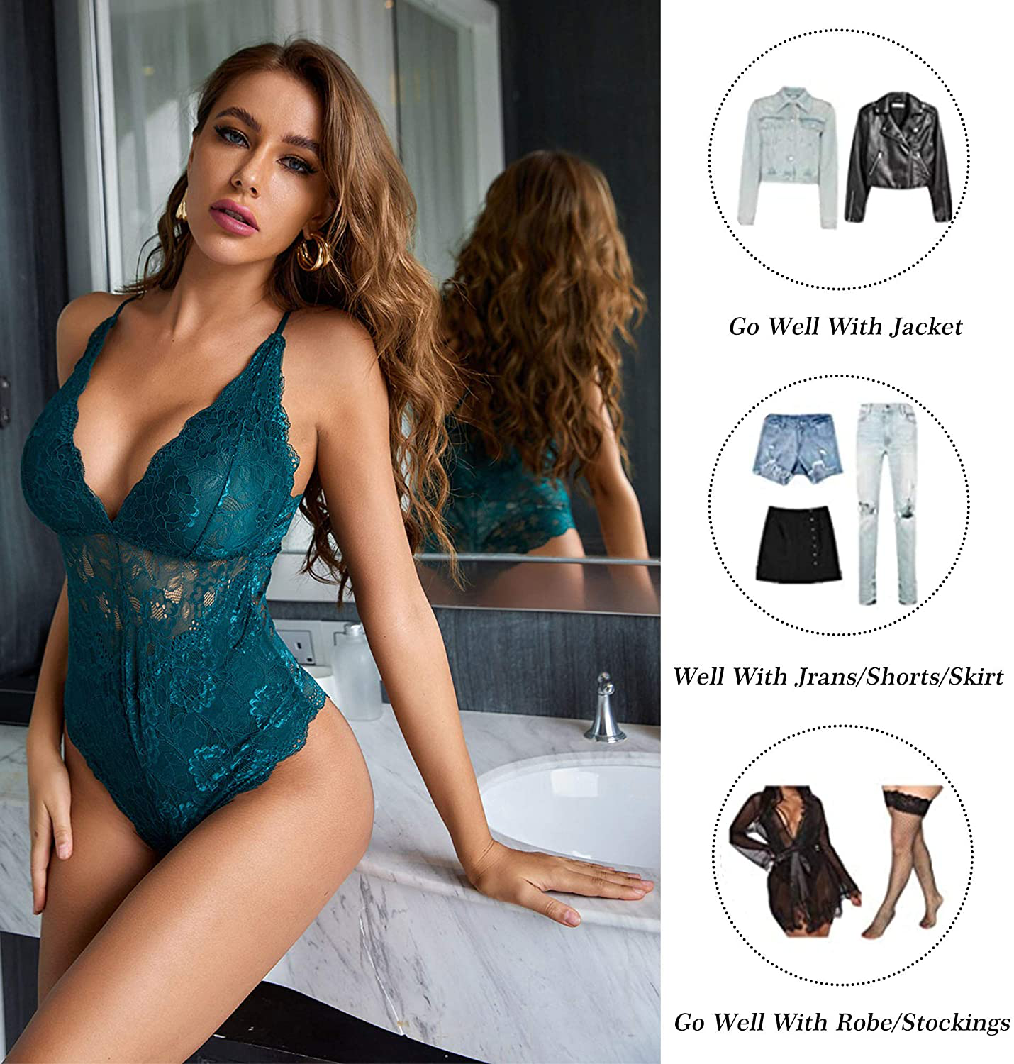 Aranmei Women Deep V Sexy Lace Bodysuit Snap Crotch Lingerie Teddy Underwear Apparel & Accessories > Clothing > Underwear & Socks > Lingerie Aranmei