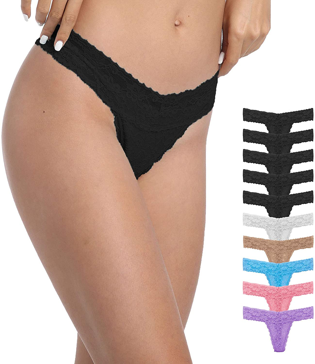 Pmrxi Pack of 10 Sexy Tangas Women Lace Thongs Plus Size Cotton Thongs Panties, Assorted Apparel & Accessories > Clothing > Underwear & Socks > Underwear Pmrxi 5black+5assorted Colors Lace Small
