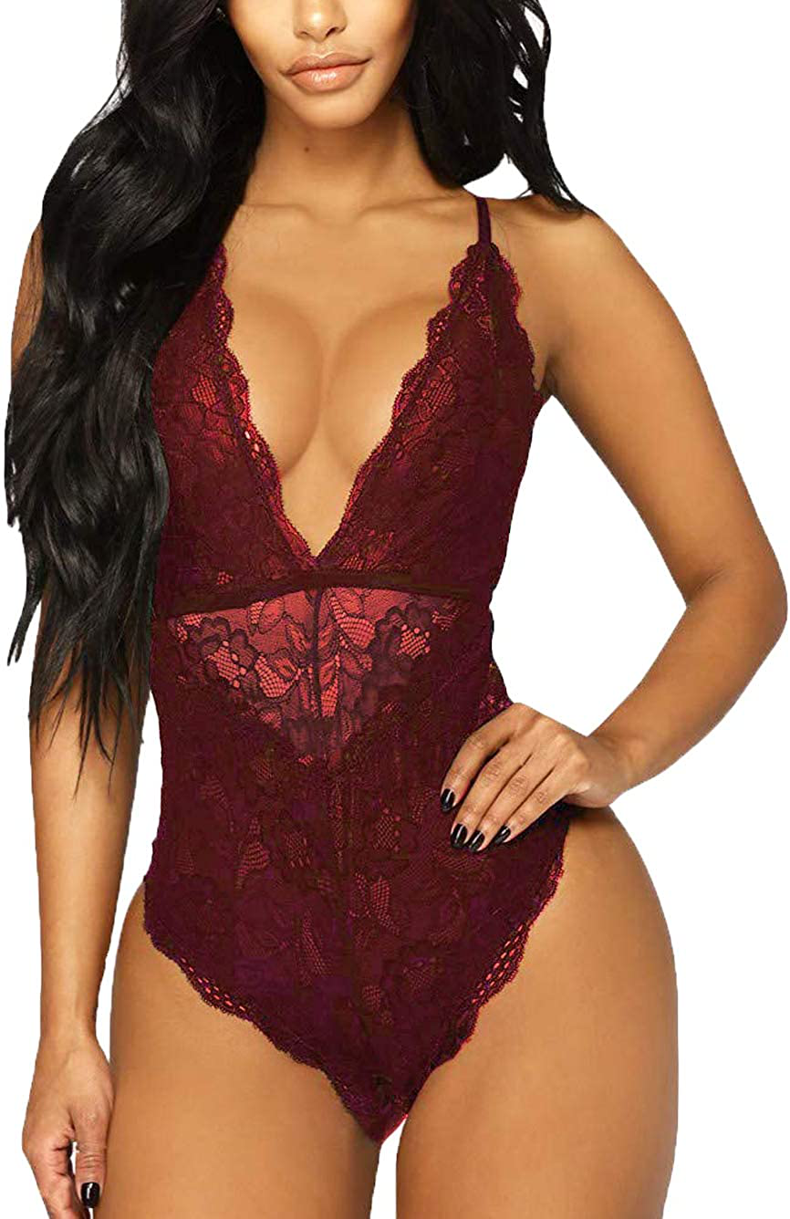 Kaei&Shi V-Neck See Through Lingerie Floral Lace Babydoll Sexy Lingerie for Women One Piece Bodysuit Apparel & Accessories > Clothing > Underwear & Socks > Lingerie Kaei&Shi Marroon XX-Large