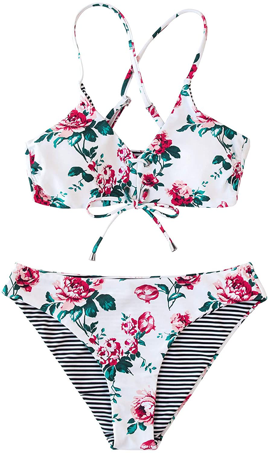 CUPSHE Women's Reversible Lace Up Bikini Sets Floral and Striped Apparel & Accessories > Clothing > Swimwear CUPSHE