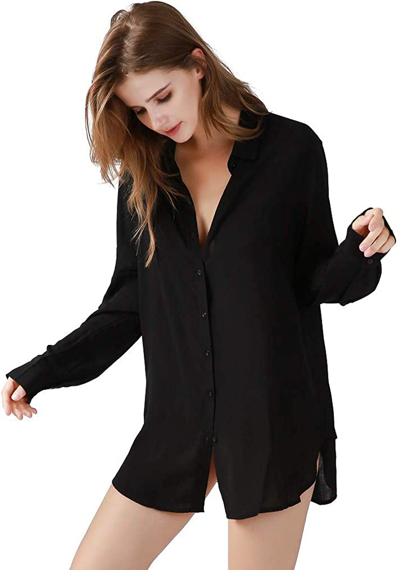 TOUSYEA Sleep Shirts for Women Button down Shirts Long Sleeve Sleepwear Swimsuit Cover Ups Soft Pajama Tops Apparel & Accessories > Clothing > Sleepwear & Loungewear > Nightgowns Kylie Max